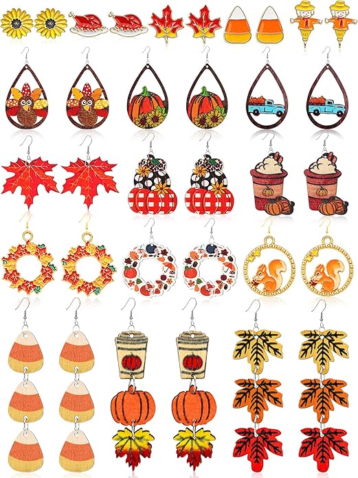 34 PCS Thanksgiving Fall Earrings for Women,Autumn Earrings Set Turkey Pumpkin Wooden Maple Leaf Sunflower Earrings Stud Thanksgiving Jewelry Gifts Decor