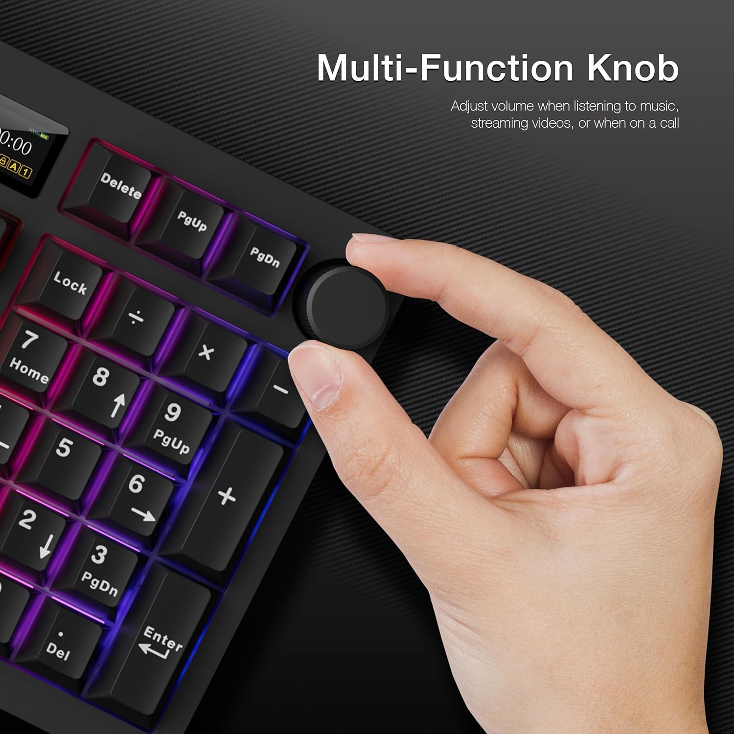 Customizable LCD screen on the TECWARE Spectre keyboard displaying various information