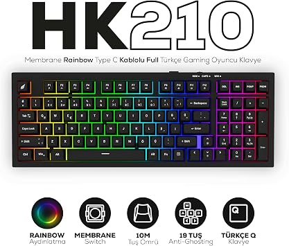 Hawk Gaming HK210 Membrane Rainbow Type C Wired Full Turkish Gaming Keyboard (Black)