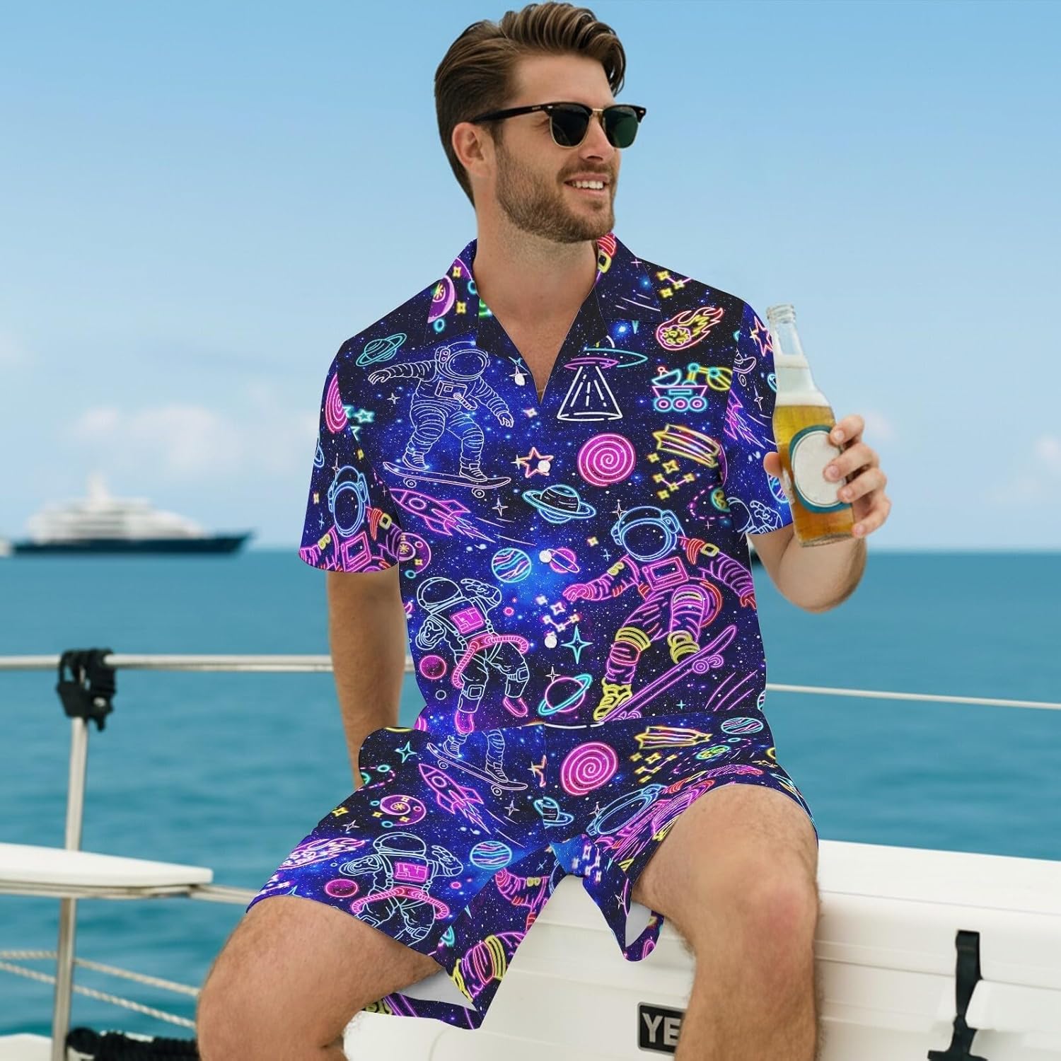 ukoyhga Rave Outfits for Men Space Neon Hawaiian Shirt Retro 90s 80s Outfit 2 Piece Sets Astronaut Disco Outfits Tracksuit