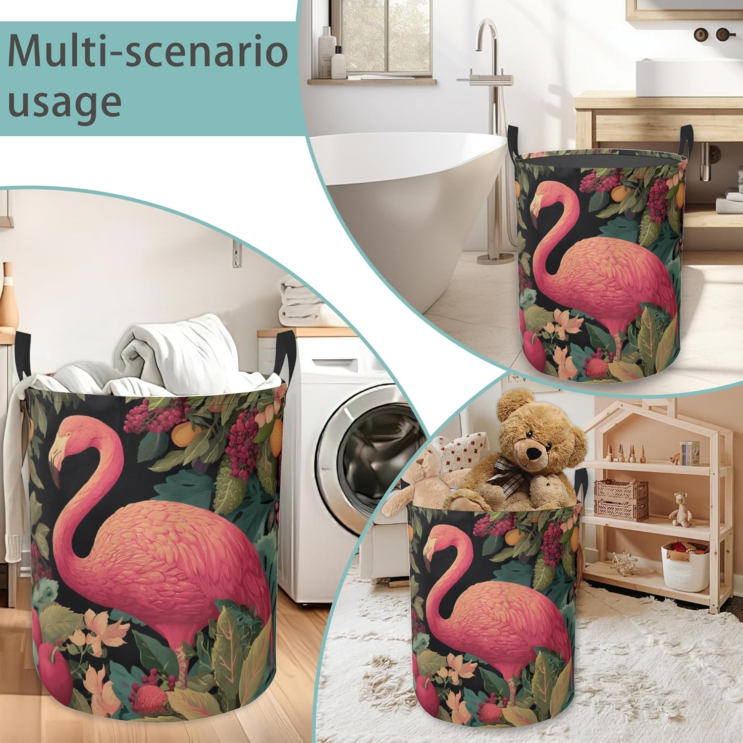 Laundry Basket With Handle, Dirty Clothes Laundry Hamper, Oxford Cloth Bin Storage Organizer for Toy Collection (Tropical Flamingo)