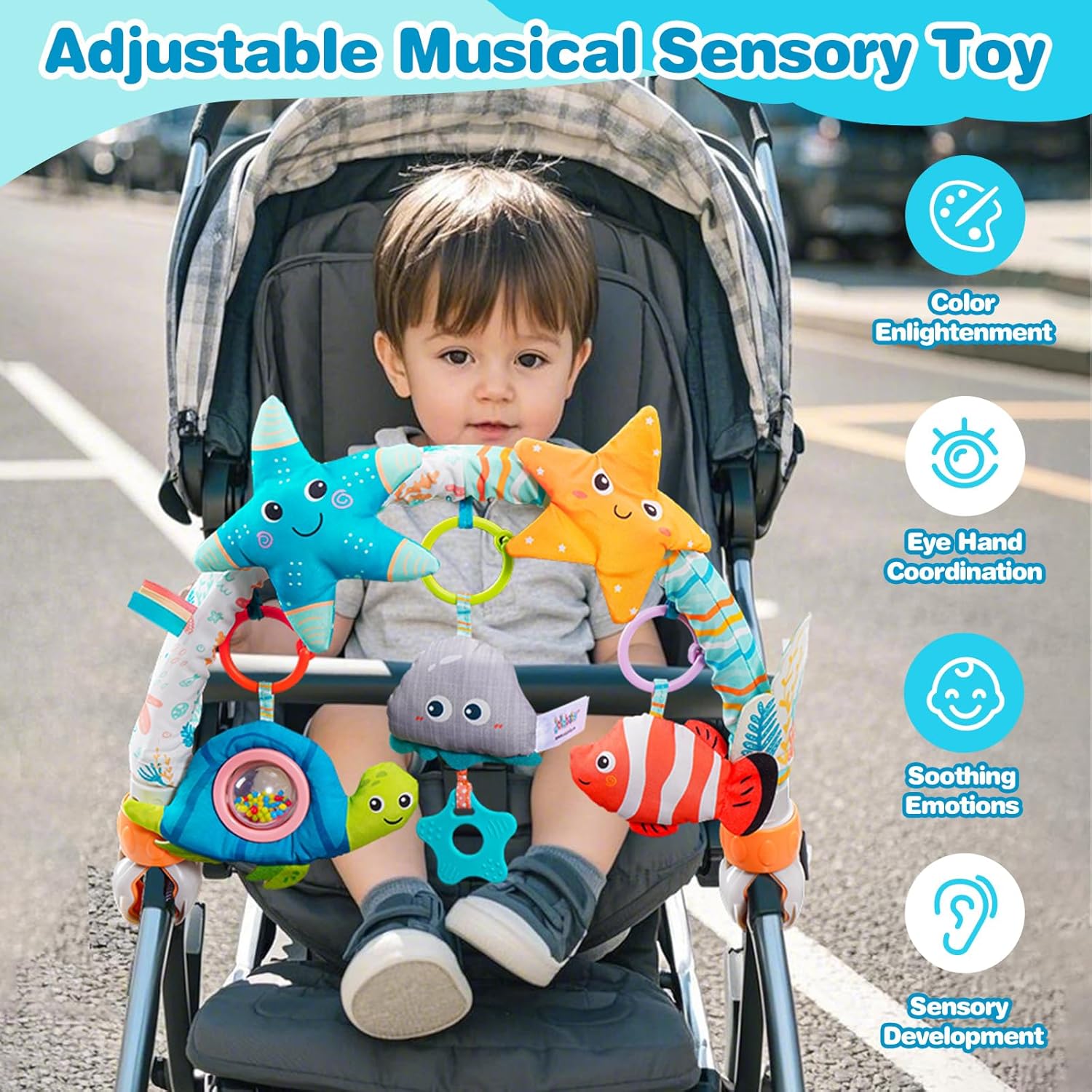 Jollybaby Musical Bassinet Stroller Crib Mobile Toy for Baby 0-6-12 Months, Infant Clip On Arch Hanging Toy with Music Box for Bjorn Bouncer, Portable Mobile Attachment Toy for Newborn Gift - Starfish
