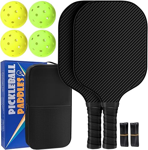Paletas de pickleball de fibra de carbono, cojín antideslizante que absorbe el sudor, agarre cómodo, 2 paletas y 4 X-40 USAPA estándar para