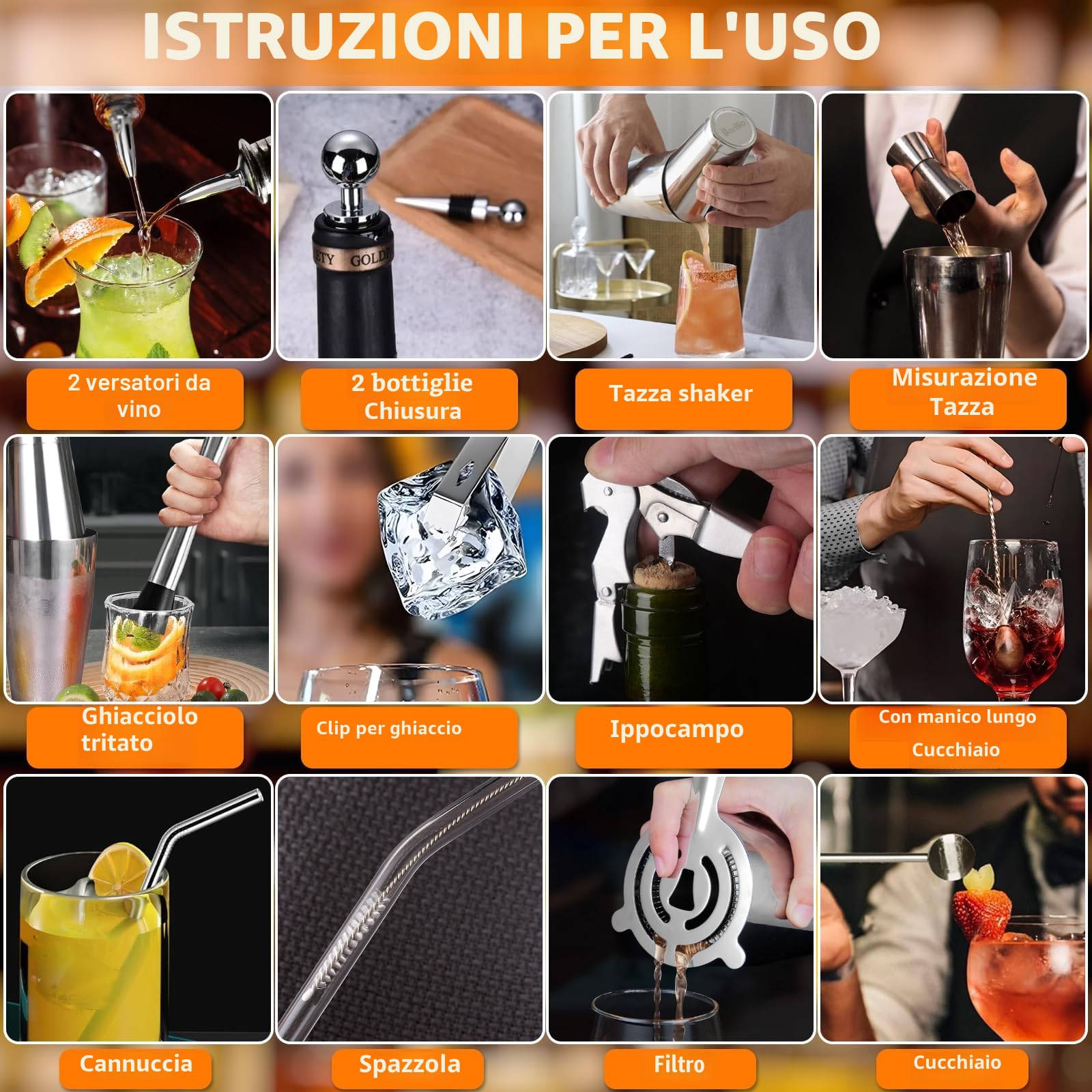 18 Pezzi Cocktail Shaker Set, Kit da Barman in Acciaio Inox, Kit Set Cocktail, Strumento Accessorio Barra Professionale, Set Regalo con Ricettario per Drink, Casa, Bar, Feste