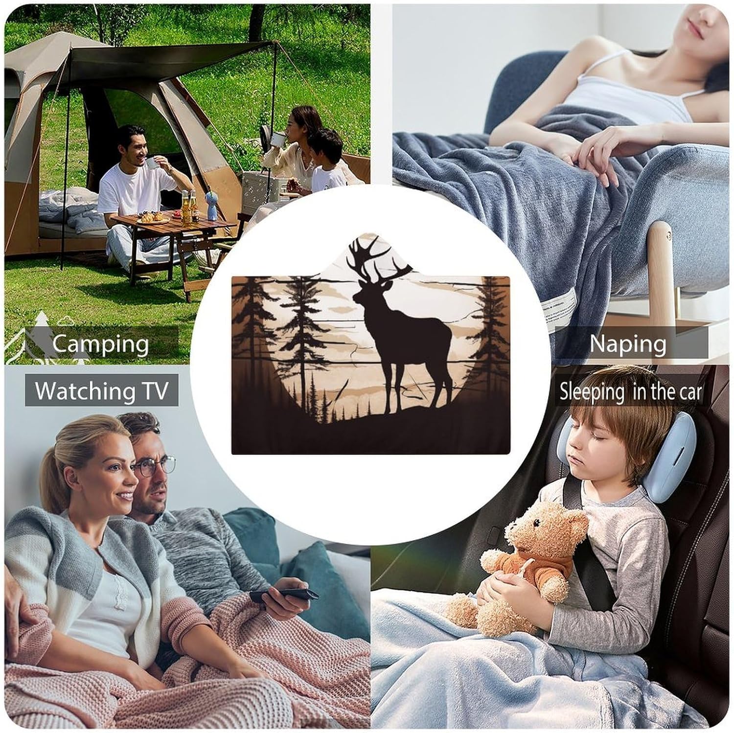 Wild Elk Silhouette Wearable Hooded Blanket, Ultra Soft Arctic Velvet Cape Cloak Unisex - Cozy Wearable Blanket