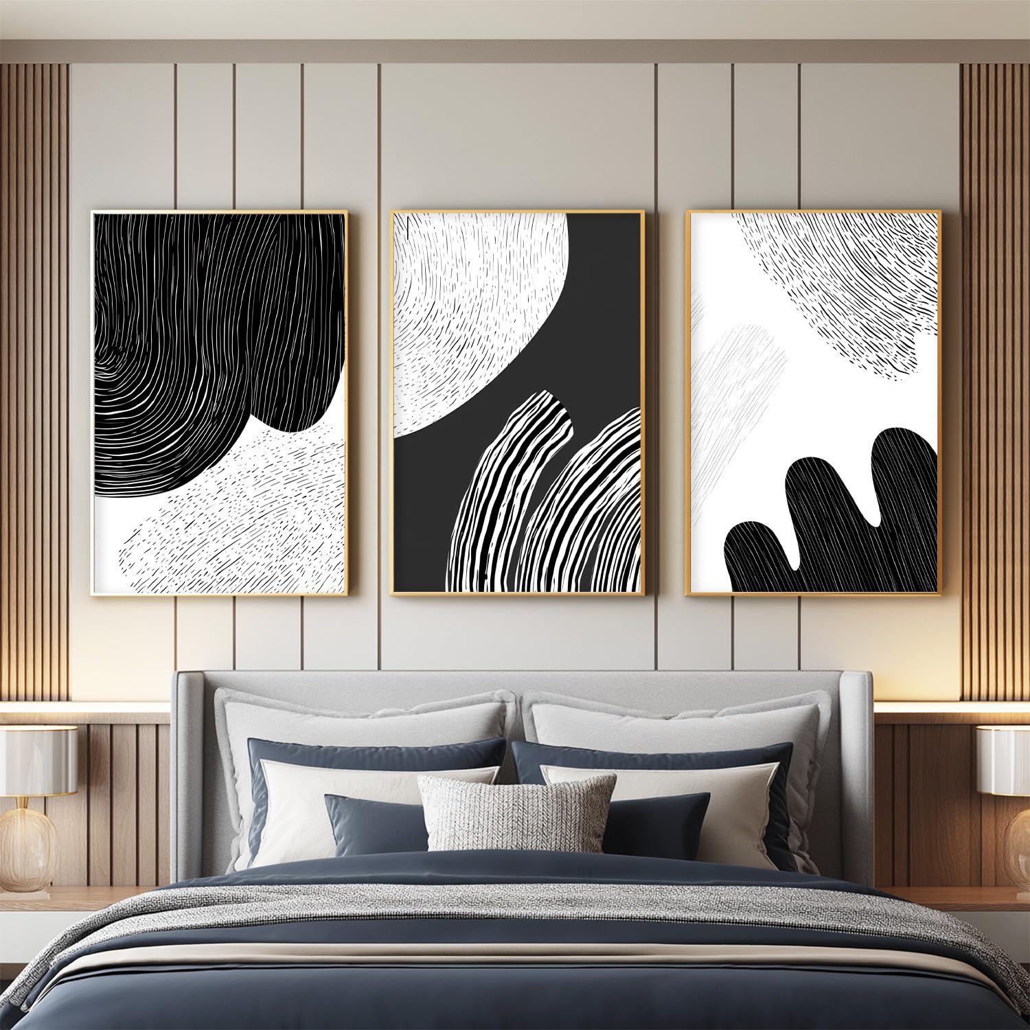 Abstrakcyjne, minimalistyczne obrazy 3-częściowe, 42 x 59,4 cm, dekoracja ścienna z czarno-białymi liniami, ręcznie rysowane, wytrzymałe, na parapetówkę, urodziny, rocznicę, wspaniała niespodzianka