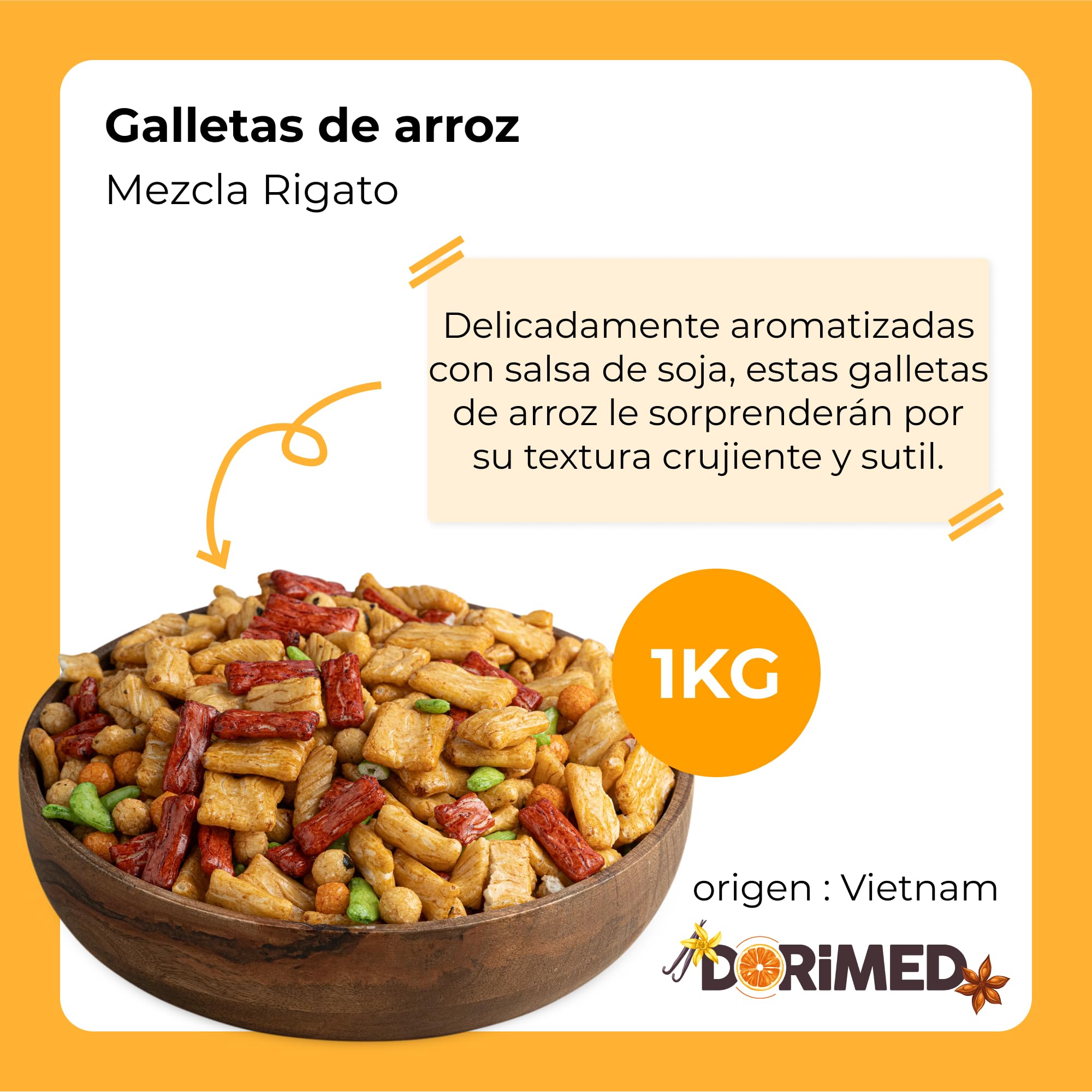 Mezcla de Aperitivo de Palitos de Arroz Rigato I Frito Salados en Pack de 1kg | Surtido Variado de Harina de Arroz, Tapioca y Paprika | Sabor Asiático con Toque a Sal, Soja y Agridulce | Dorimed