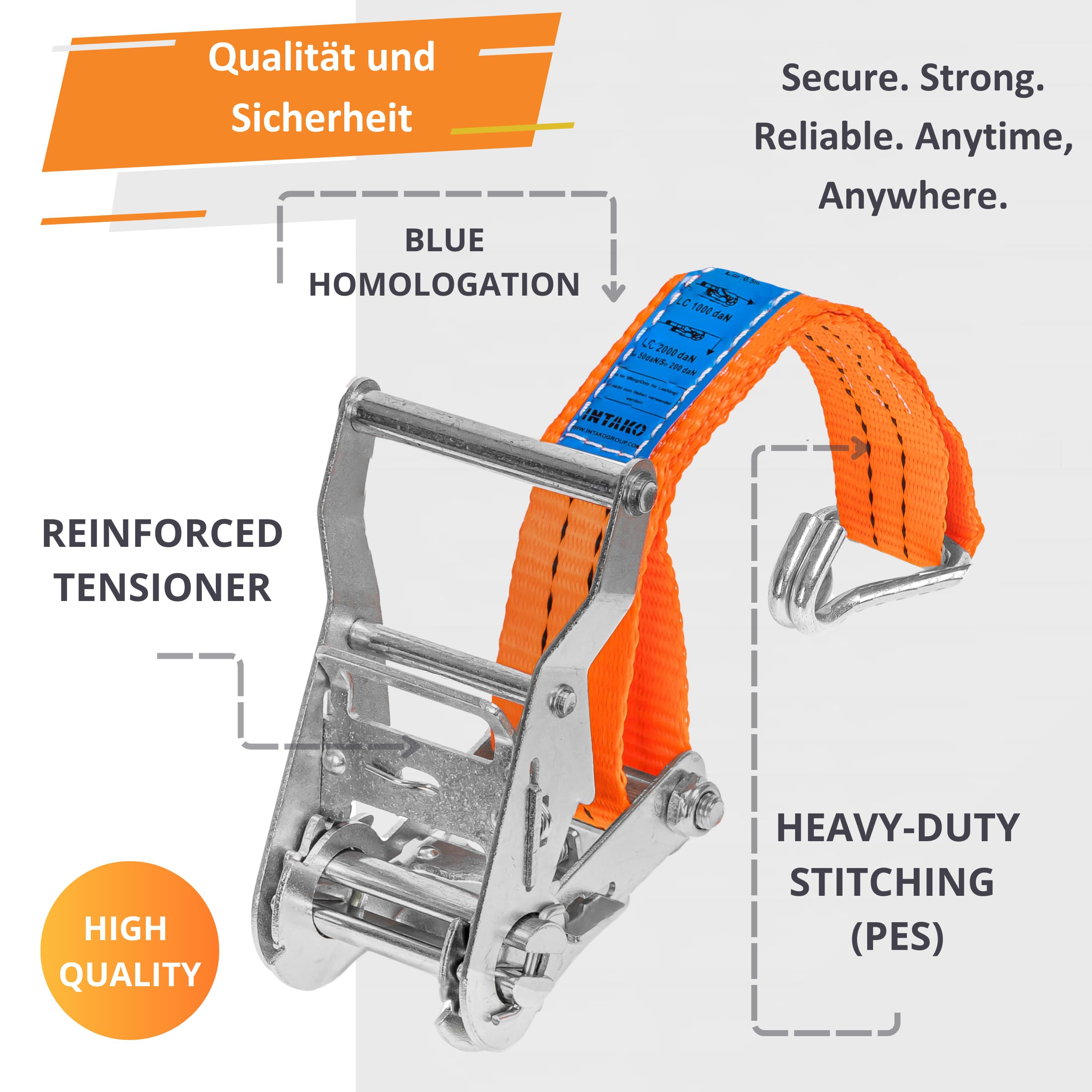 Pasy Transportowe 4m x 2000kg x 35mm - Zestaw 10 Sztuk - Pas Mocujący z Napinaczem do Zabezpieczania Ładunku - Zgodny z DIN EN 12195-2