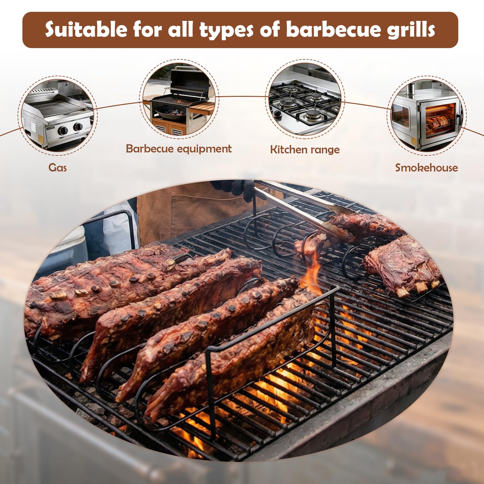 Supporto Bistecche e Costine,Cestello per BBQ Rib Rack con 2 Pennelli,Supporto per Arrosto Bistecca,Telaio Griglia Barbecue Spareribs Halter Grill,Nero