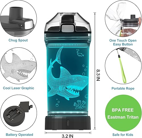 Miniatura 6 de Lightzz Botella de agua para niños con luz LED de tiburón brillante 3D, 14 onzas, Tritan sin BPA, regalo creativo ideal para viajes, para escuela,