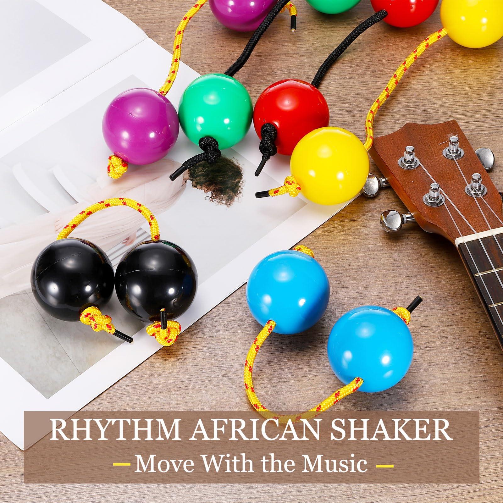 Rhythm Afrykański shaker Kashaka, Shaker Ball Kashaka, ręczne instrumenty perkusyjne z żółtą liną, odpowiednie dla dorosłych, na wesele, przyjęcie, klasę muzyczną (4 sztuki, żółty)