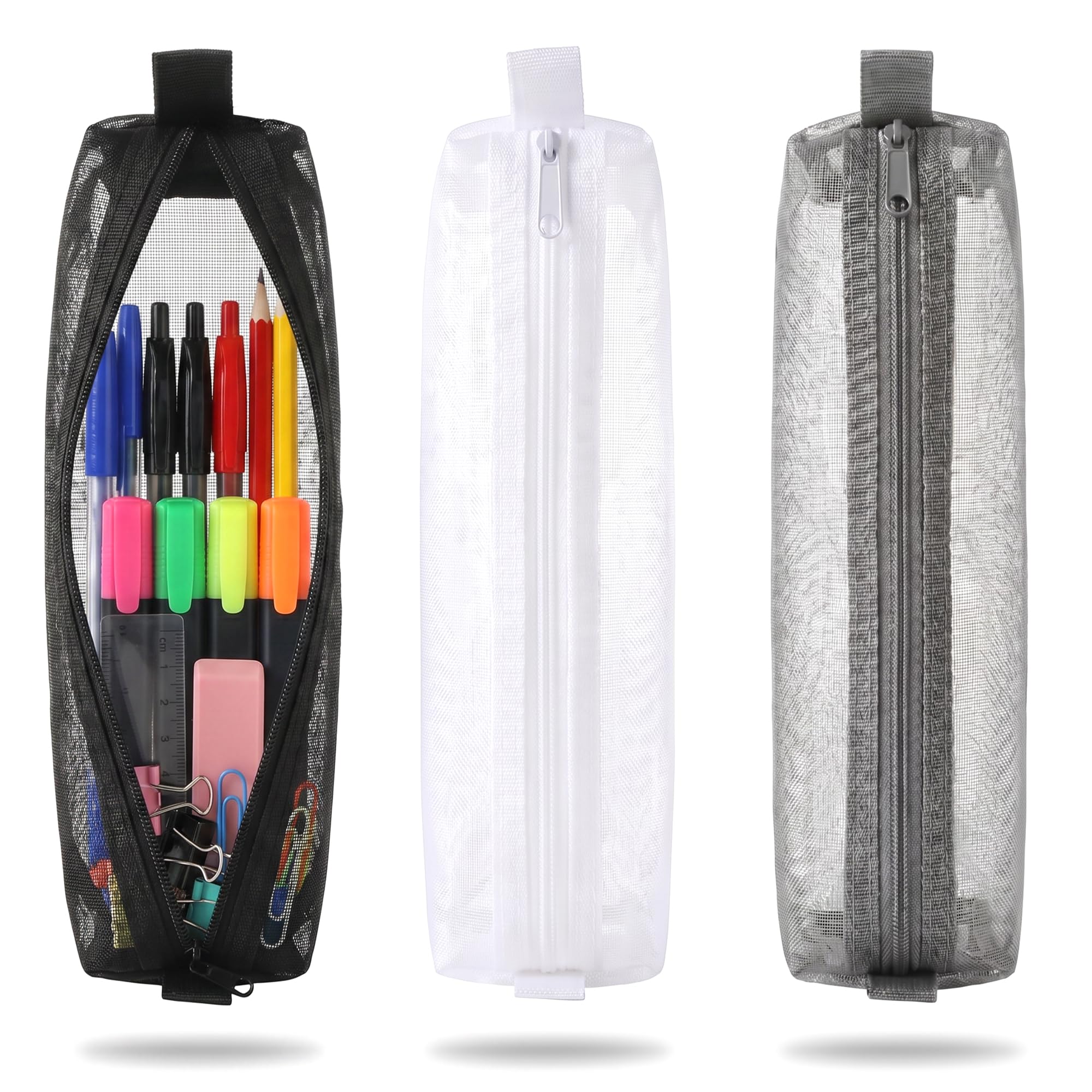 LEOUEANR 3 Pack Square Mesh Pencil Cases - Organiser Mesh Bag for School, Office Supplies, Makeup Brushes, Travel Accessories | Multi-Use Zippered Storage Pouch for Teens, Adults