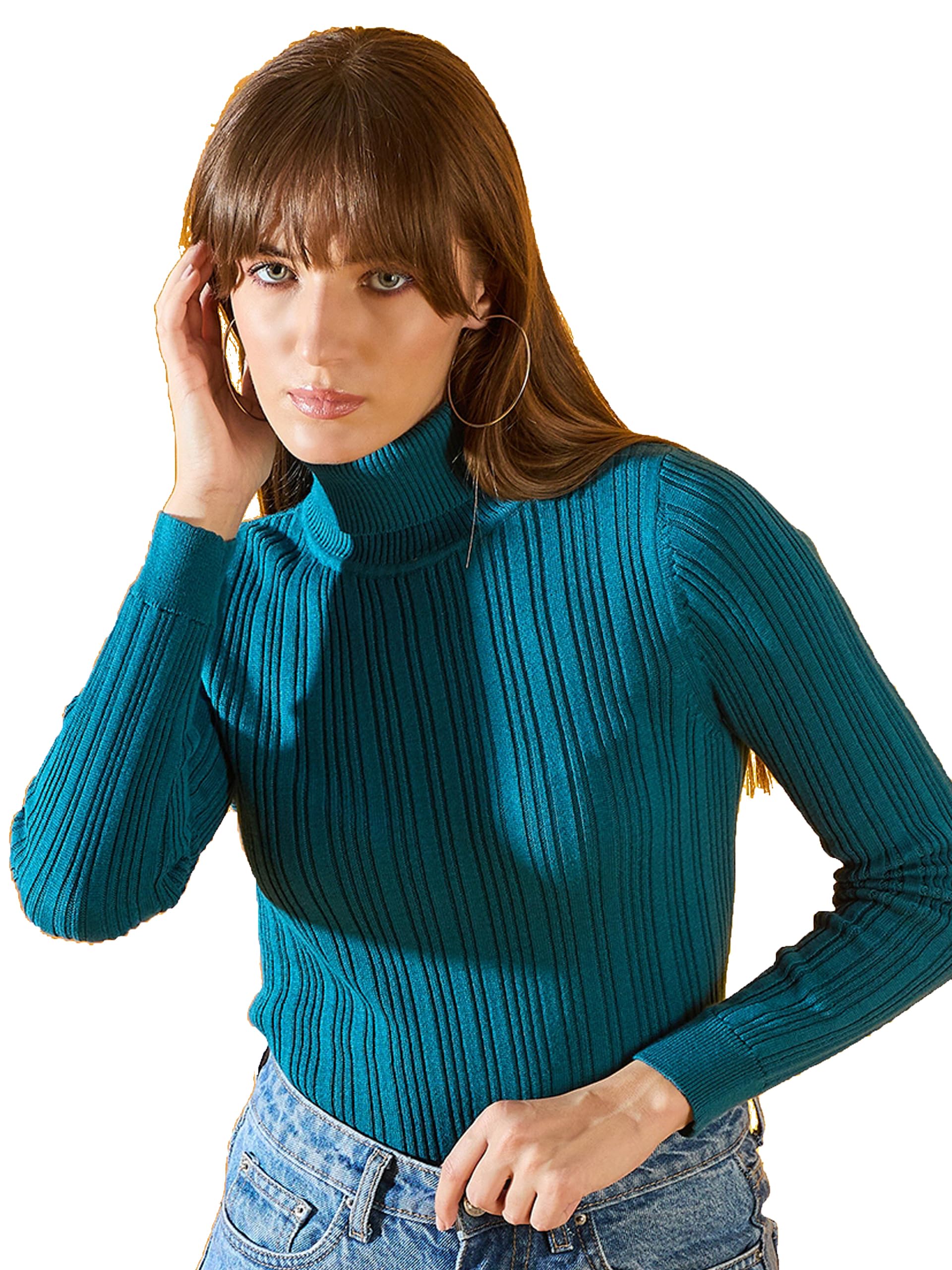 98 north 98 Degree North Women Cotton Self Design High Neck Pullover Has A Full Sleeves and Straight Hem-RG1143-TEAL-picture-18