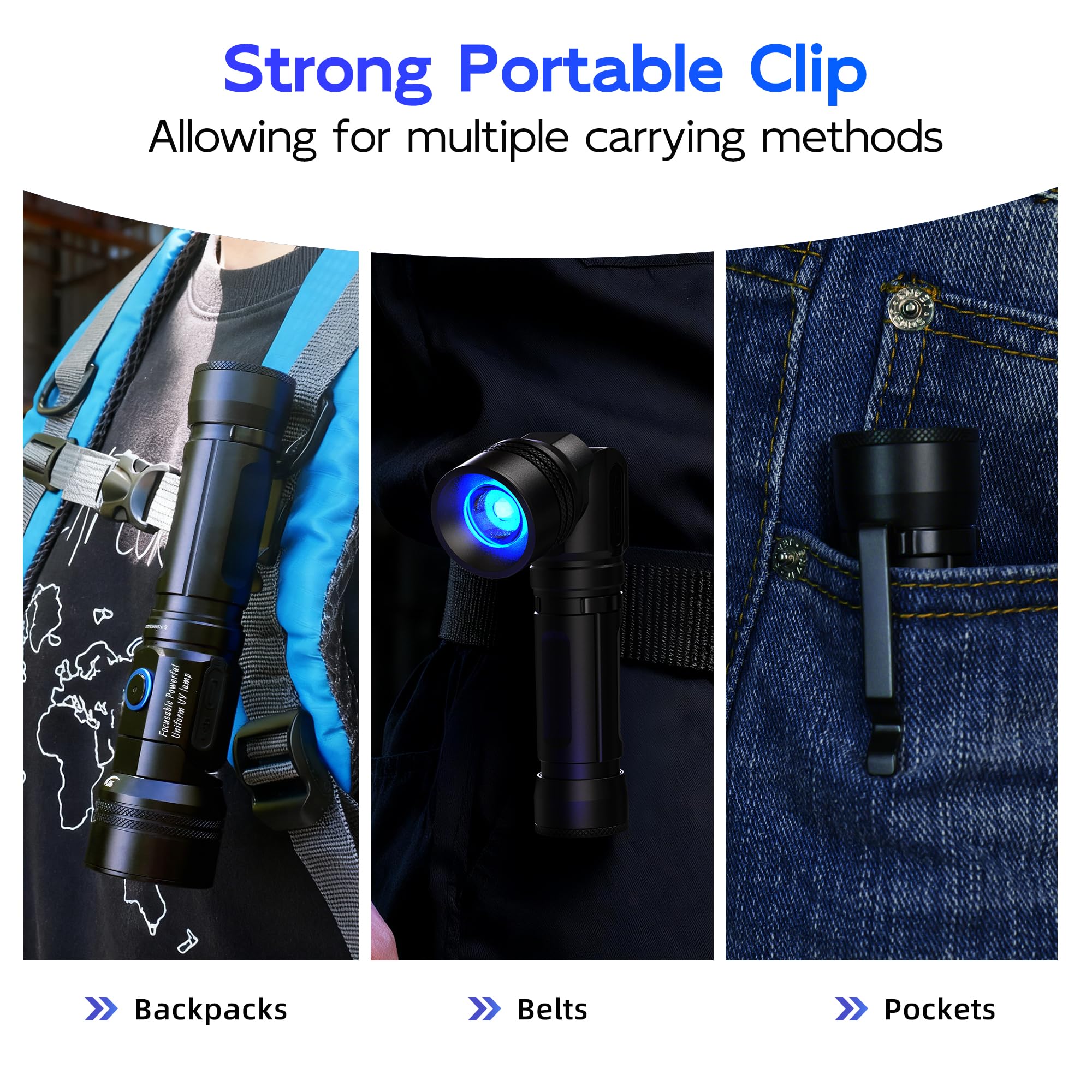 Luz negra de 365 nm, linterna UV recargable, cabeza ajustable de 105° y zoom, cola magnética, potente luz negra para fugas de NDT, seguimiento de sangre, orina de mascotas, vidrio de uranio, escorpión