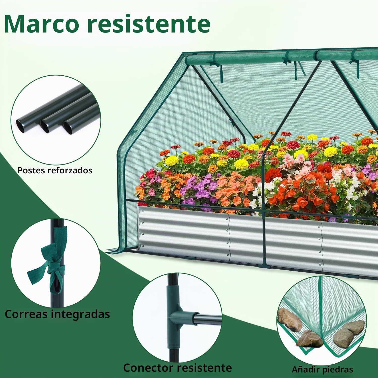 Ohuhu Cama de jardín elevada con invernadero, maceta metálica galvanizada 8x4x1 pies con cubierta de polietileno, 4 puertas para ventilación, para cultivo de verduras y flores
