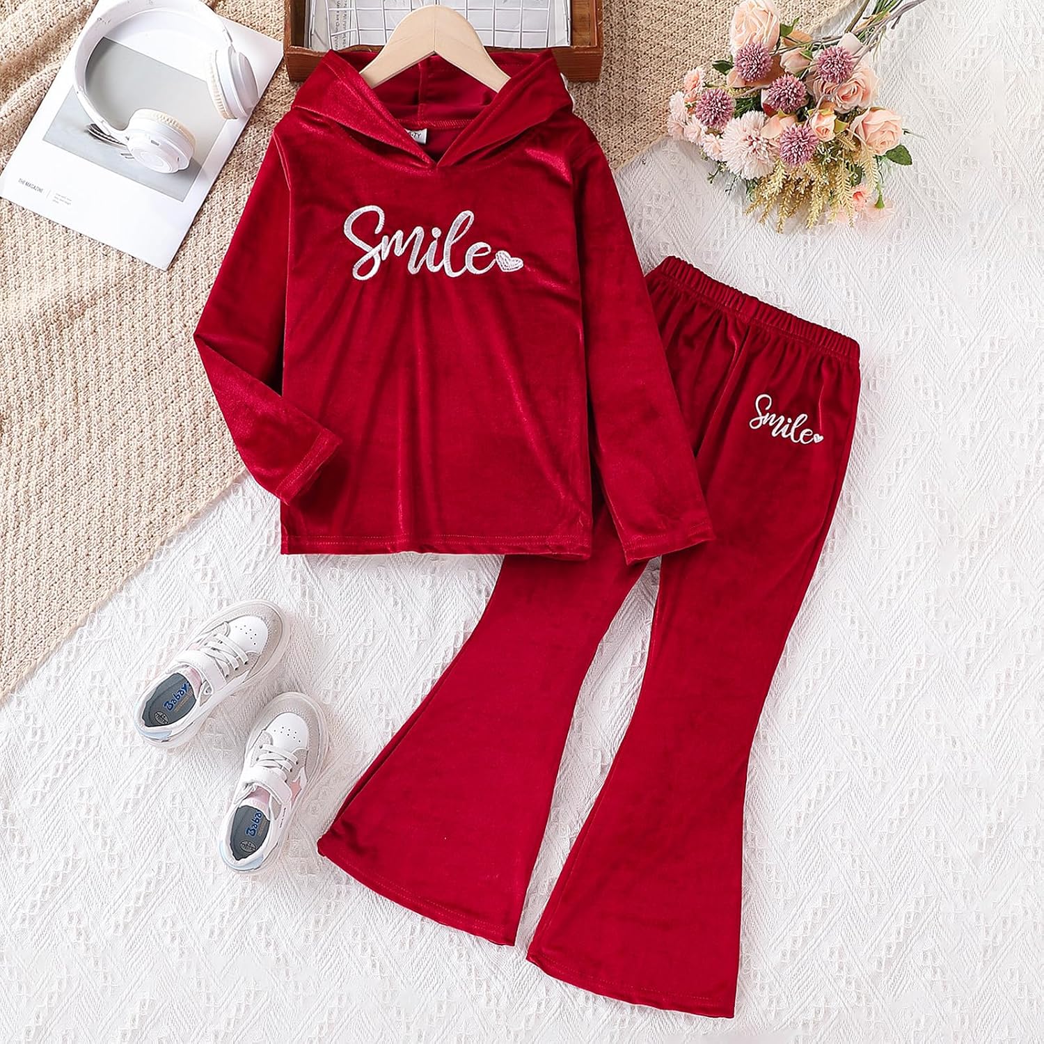 6-13 Years Girls Clothing Heart Print Hoodie Top + Heart Print Flare Leg Pants 2PC Clothing Set