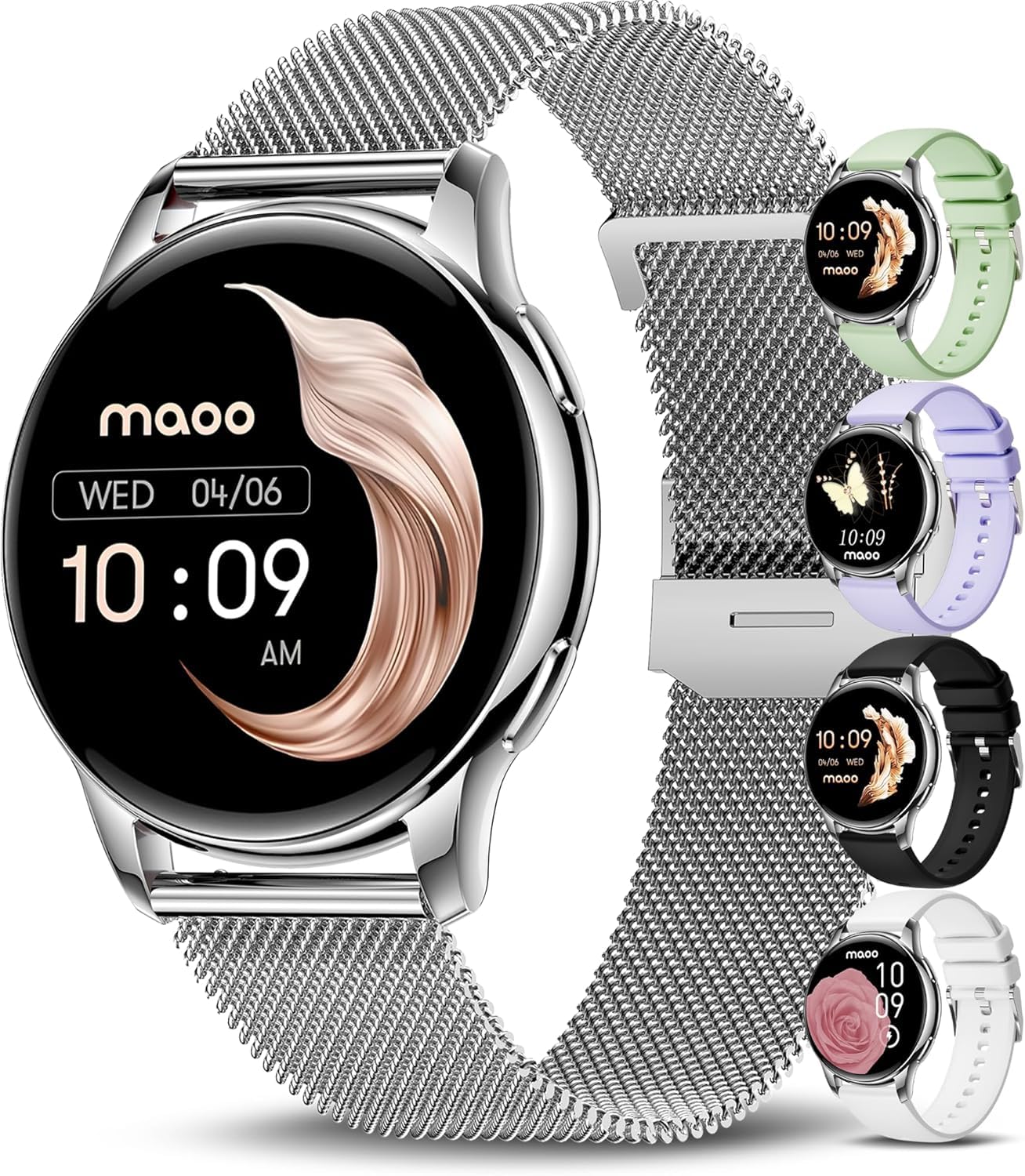Maoo Ventura Smartwatch Damen 1,32 Zoll AMOLED Display Herzfrequenzmesser SPO₂ Blutdruckmesser IP67 wasserdicht 5 Armbänder Silber