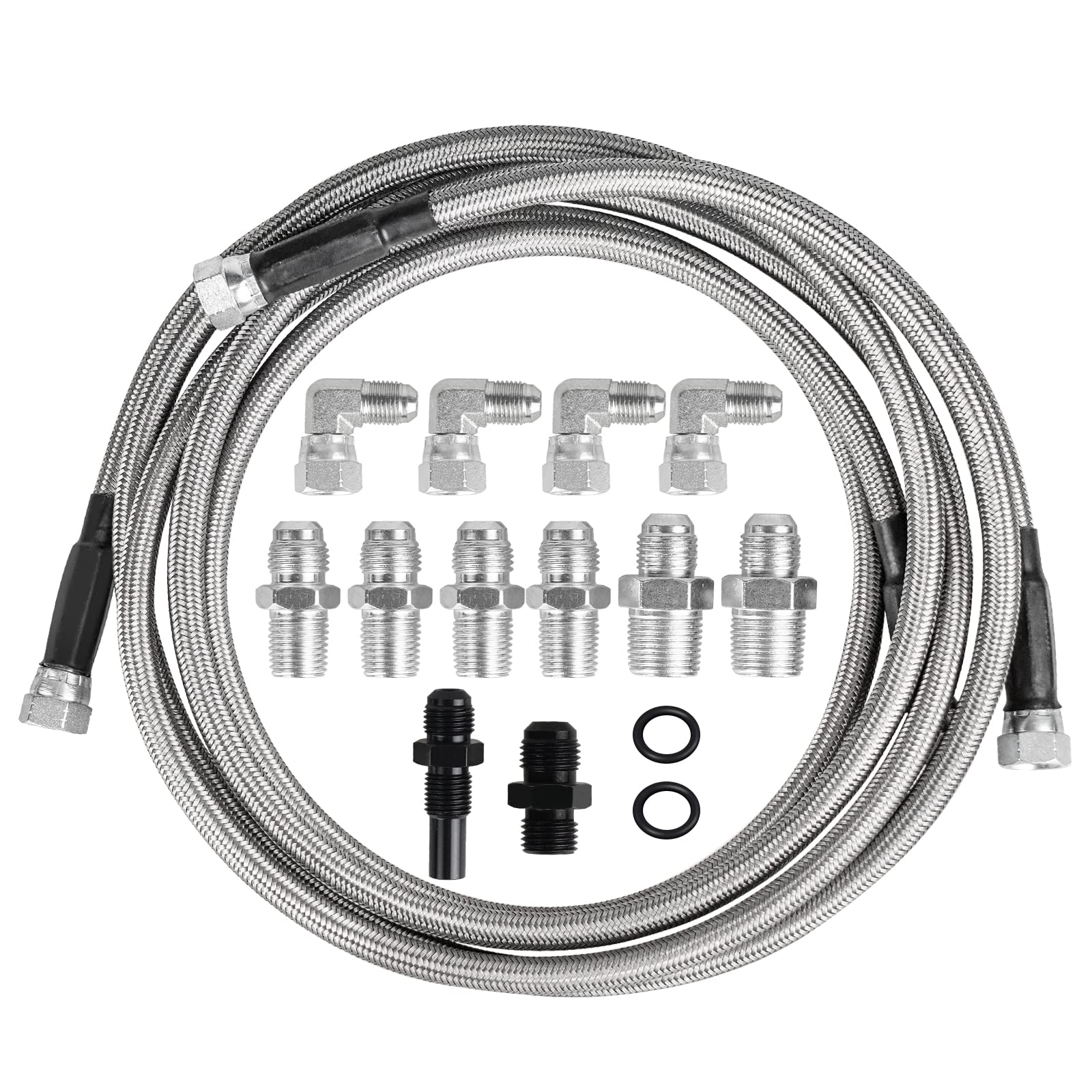 YESHMA 70 Inch 3/8 Braided Transmission Cooling Hose Compatible with Chevy Ford 1996-2023 700R4 4L60E 4L65E 4L80E C4 C6 AOD TH350 TH400 TH200 200R4 with 6AN to 1/4 NPT & 3/8 NPT Adapters