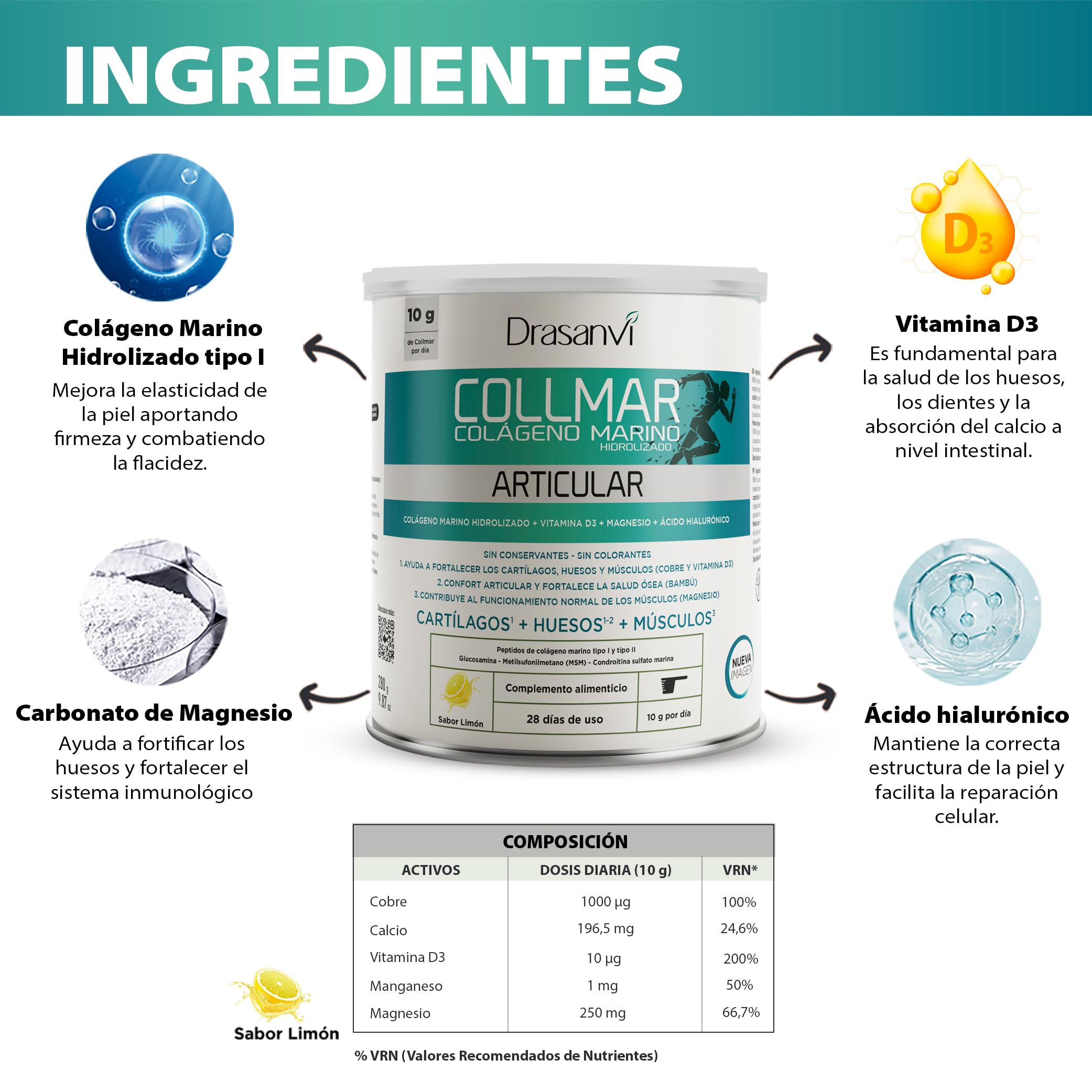 Colageno Drasanvi Collmar Articular Marino Con Glucosamina Condroitina Msm | Apoya Articulaciones Y Tendones, Formula Especial - Colageno Marino Hidrolizado Polvo Sabor Limon, Pack 2x280 Gramos
