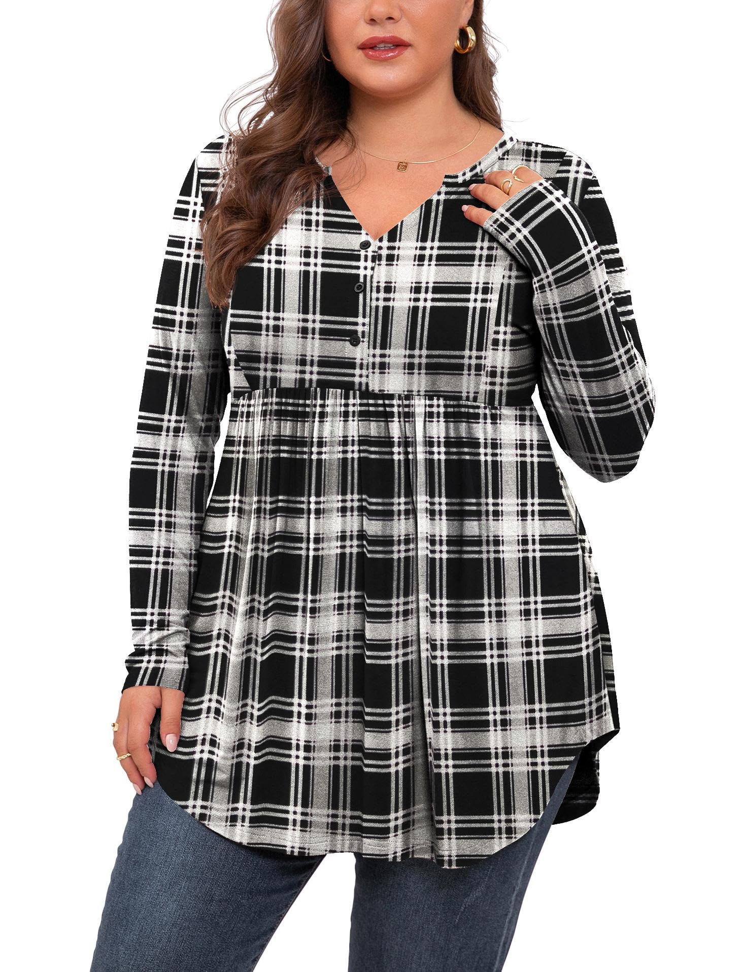 SHIJIALI Women's Plus Size Henley Shirts V Neck Button Tunic Tops Casual Long Sleeve Swing Flowy Blouse