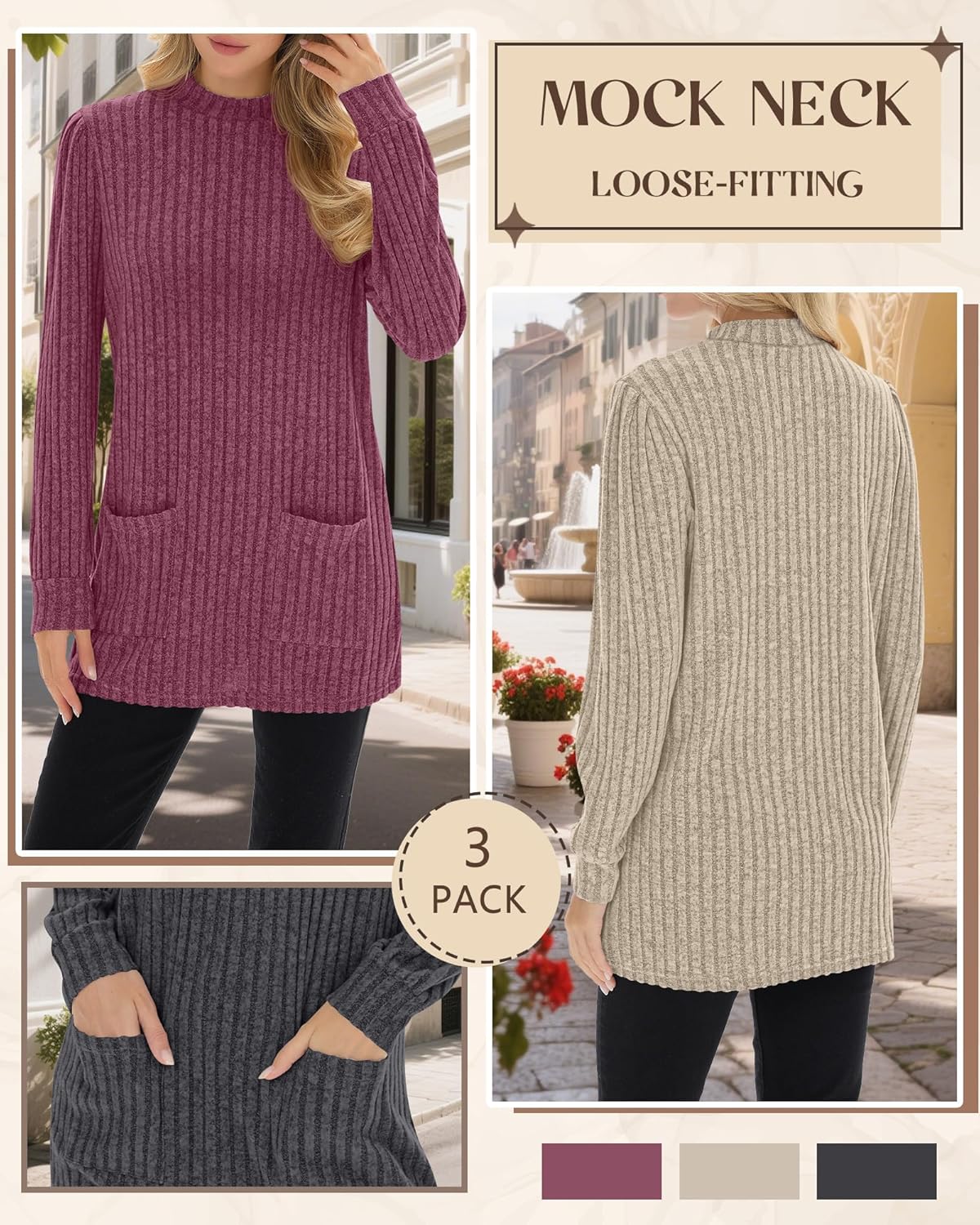 3 Pack Women's Long Sleeve Mock Neck Sweaters, Ribbed Knit Long Tops Turtleneck Loose Fit Tunic Shirt with Pockets - Image 5