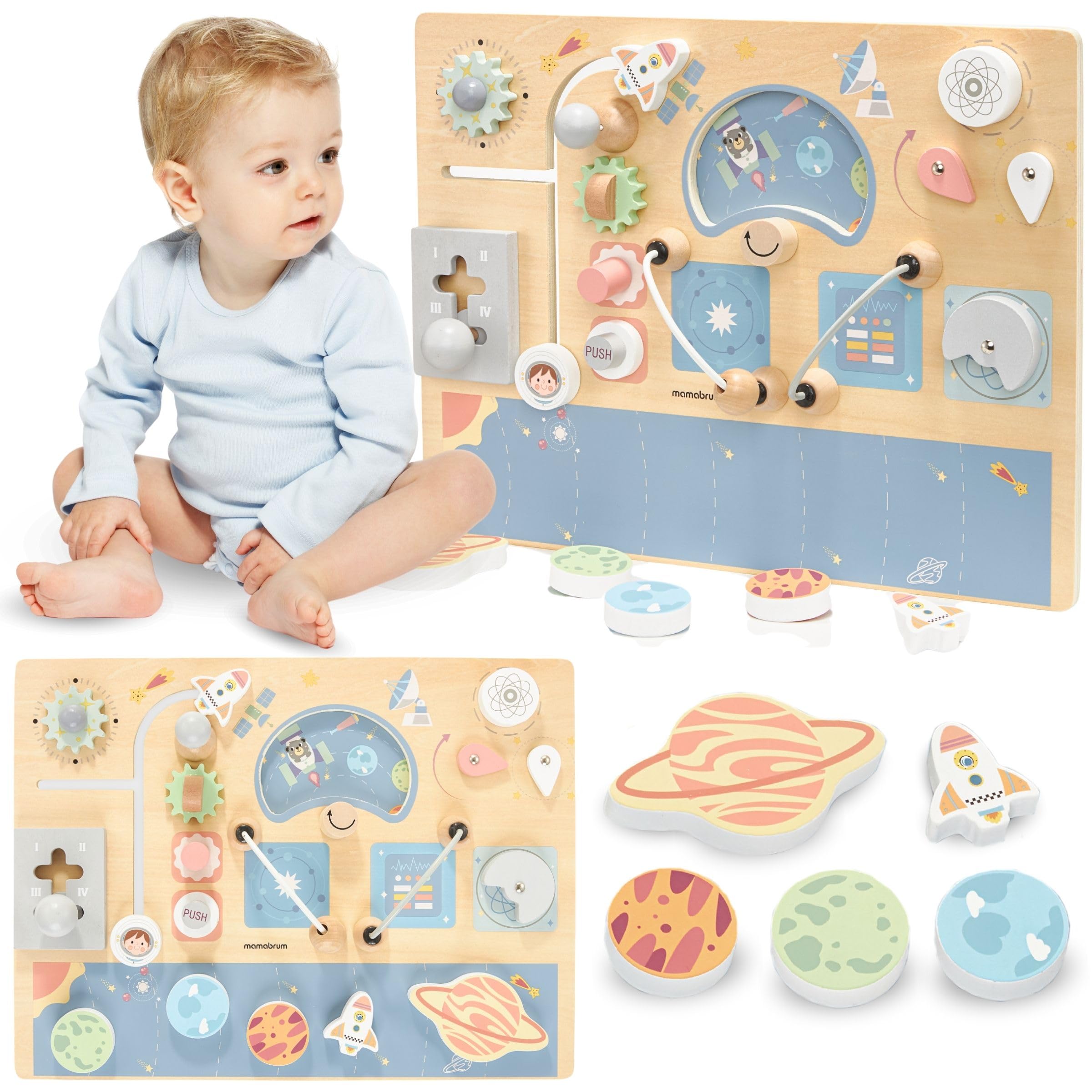 Mamabrum Tavola Sensoriale XL In Legno A Tema Spazio, Gioco Educativo Per Bambini 18+ Mesi, Con Ruote E Labirinto