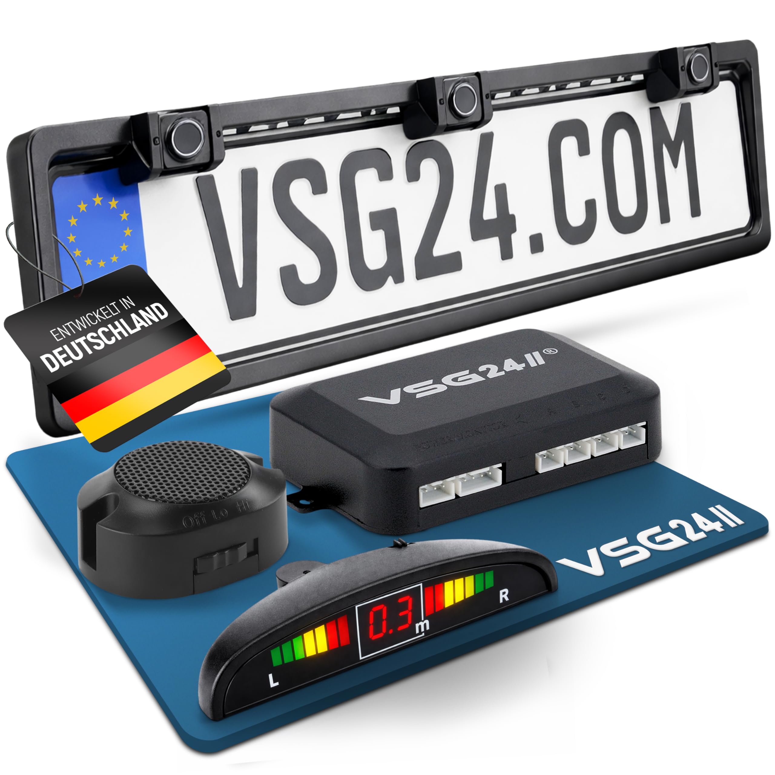 VSG24 Kennzeichen Einparkhilfe mit Display & Lautsprecher – robuste Parkhilfe vorne oder hinten mit 3 Sensoren – LED-Anzeige & akustischer Rückfahrwarner – 30–150 cm – 12V PDC Nachrüstset