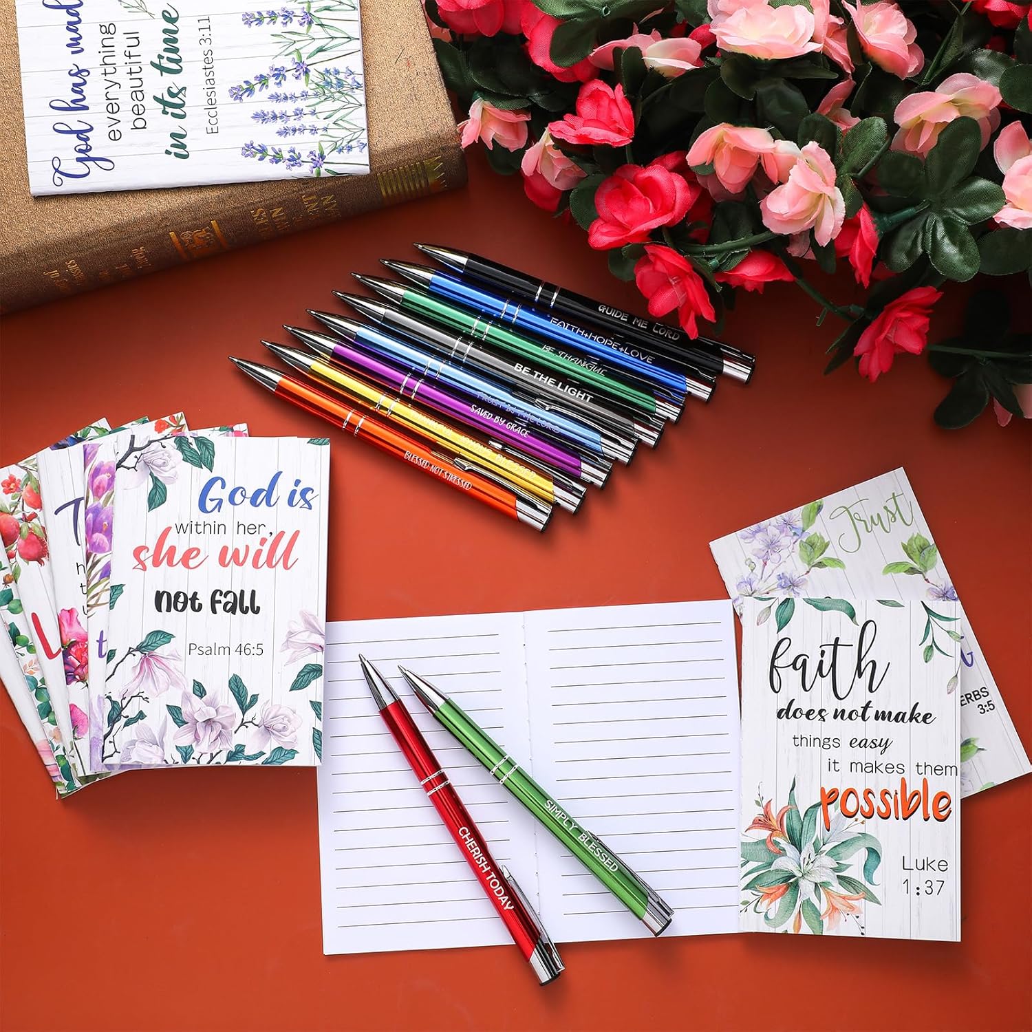 Seajan 80 Pcs Inspirational Gifts Religious Gifts Set 40 Motivational Ballpoint Pens 40 Floral Prayer Journal for Women Bible Christian Inspirational Notepads Black Ink Ballpoint Pen for Office Supply