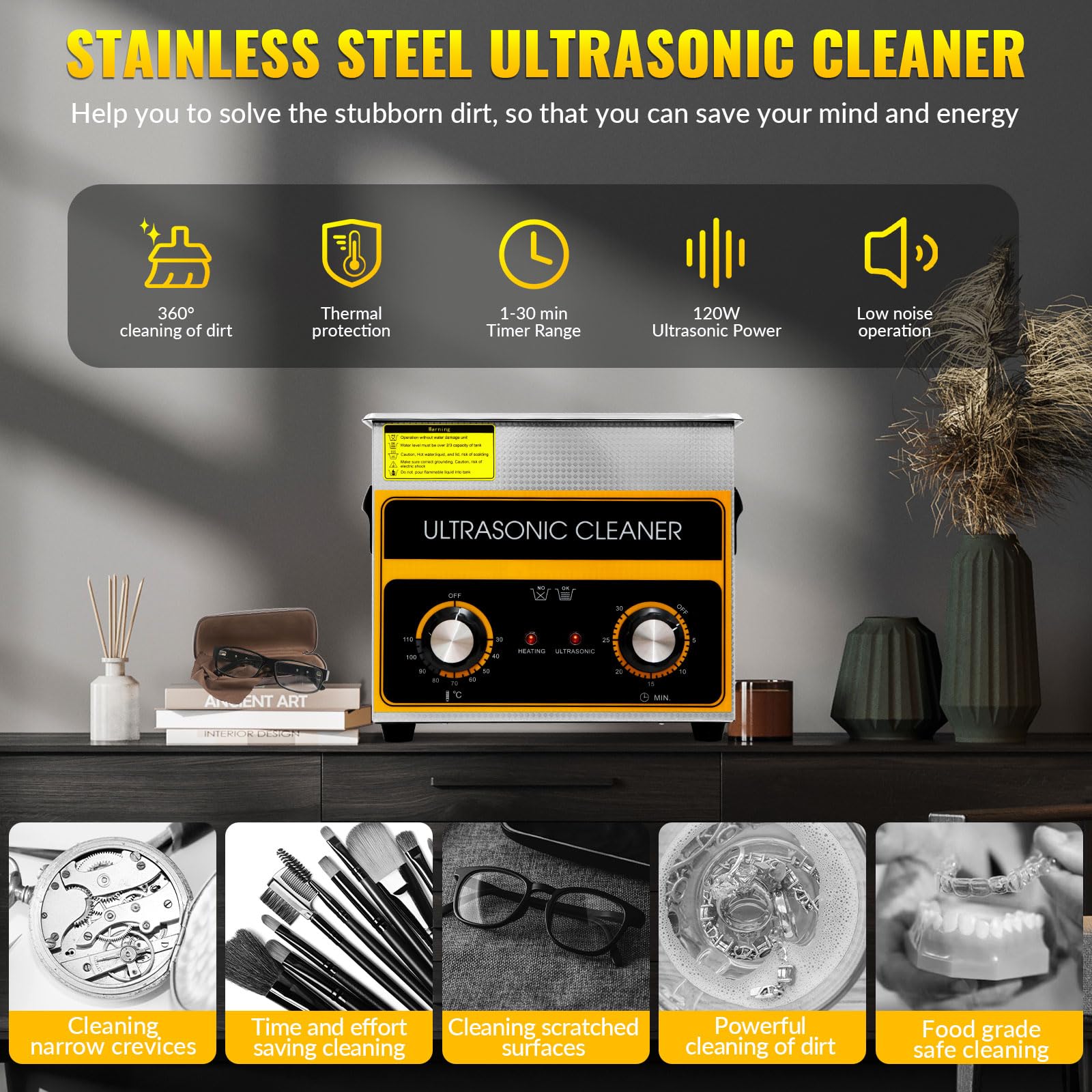VELPAX 3.2L Pulitore Ultrasuoni Industriale con Riscaldatore e Timer Digitale 120W Acciaio Inossidabile Timer di Riscaldamento Digitale Pulizia Gioielli per Uso Domestico Personale Commerciale