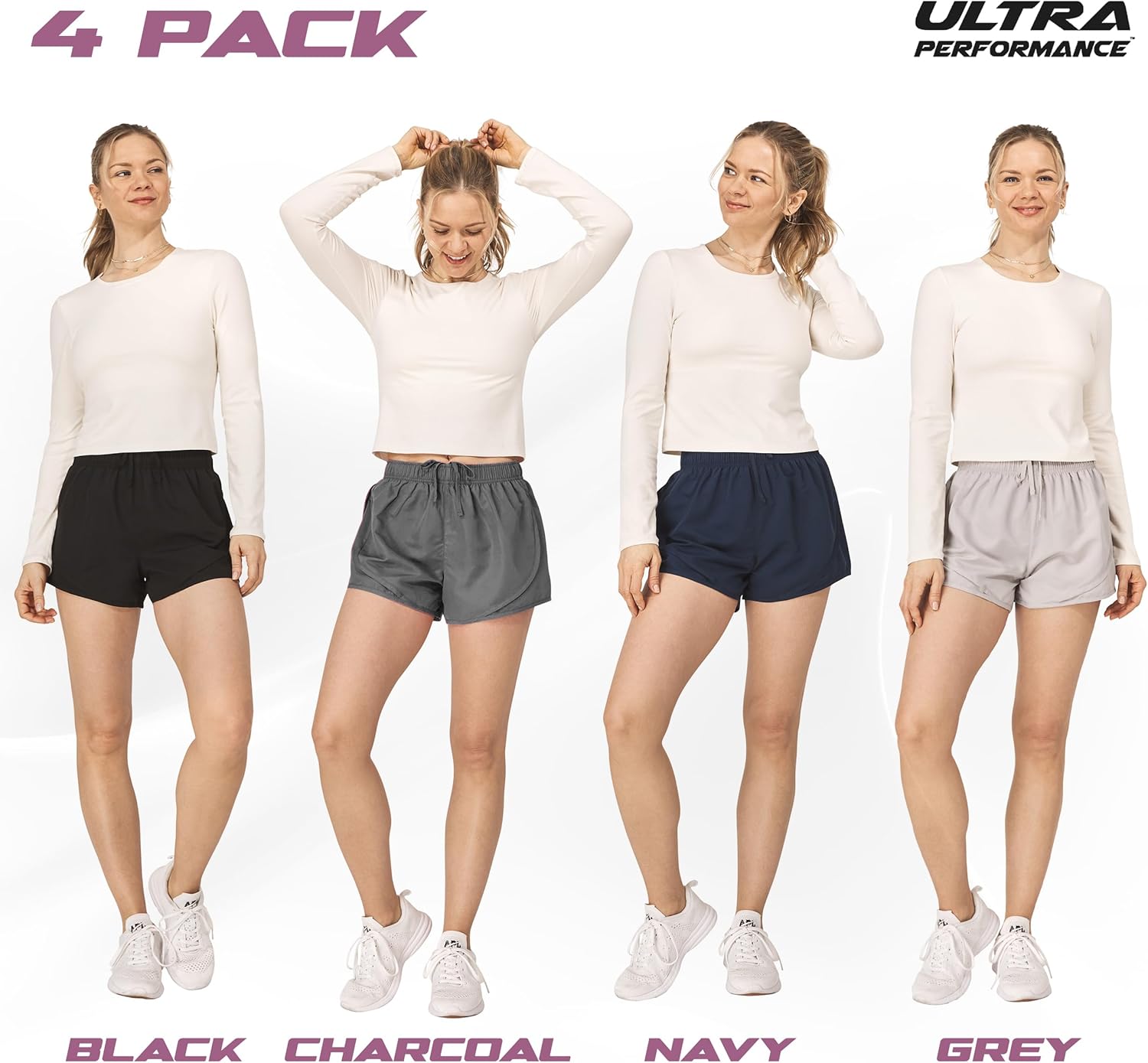 Ultra Performance Women's Running Shorts 4-Pack Athletic Workout Gym Shorts for Women, with Brief Liner