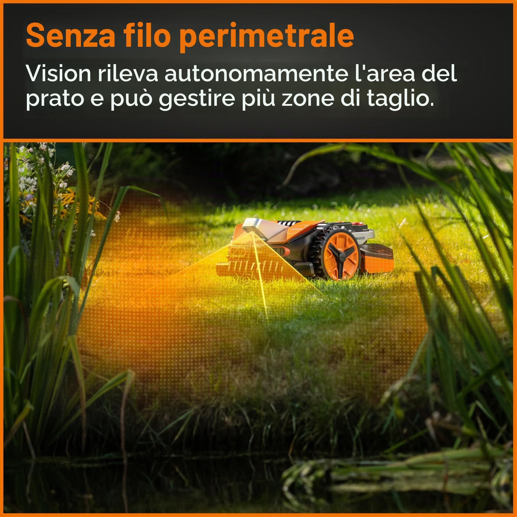 WORX WR206E Landroid - Tosaerba robotico 600 m² brevettato AIA falciatura multizona, ricarica automatica, batteria PowerShare 20 V, sensore pioggia, tecnologia Cut-to-Edge, controllo app, accessori