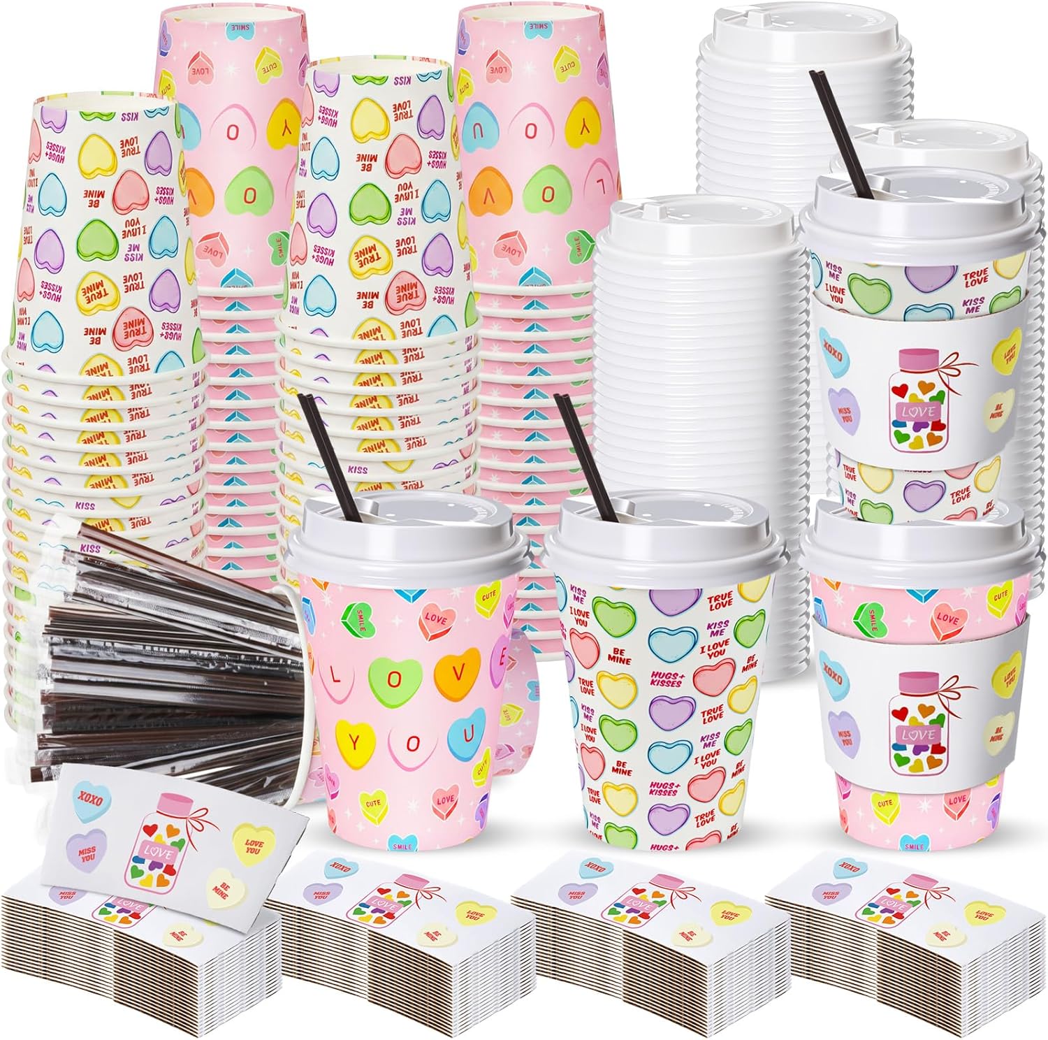 Tanlade 100 Set Valentine's Day Disposable Coffee Cups with Lids and Sleeves, Straws 12 oz Love Heart Paper Cups for Hot Cocoa Tea Beverage Valentine's Party Supplies (Cute Style)