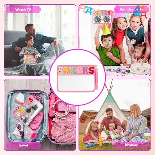 Vista 35 de HANAMO Bolsa transparente con letras de chenilla, bolsa de nailon para cosméticos con cremallera, bolsas de maquillaje transparentes, bolsas