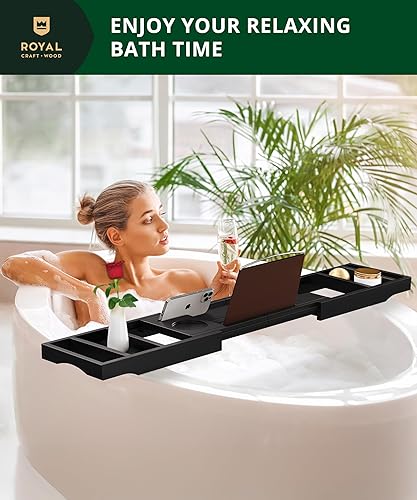 Miniatura 9 de Bandeja plegable para bañera de bambú bandeja para bañera expandible organizador de mesa para bañera con lados extensibles jabonera gratis