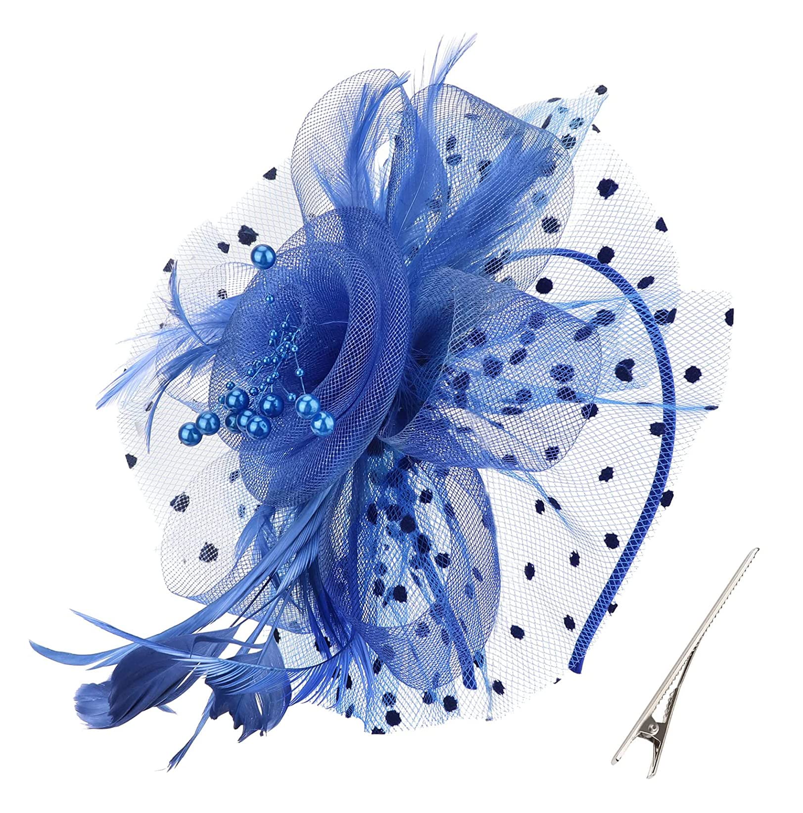 Topoq Women's Royal Blue Fascinators Hat For Wedding Fascinators Tea Party Hat Flapper Pillbox Hats Ascot Race Hats Feather Flower Fascinator Beaded With Headband Hairclips Dotted Mesh Headdress Headpieces