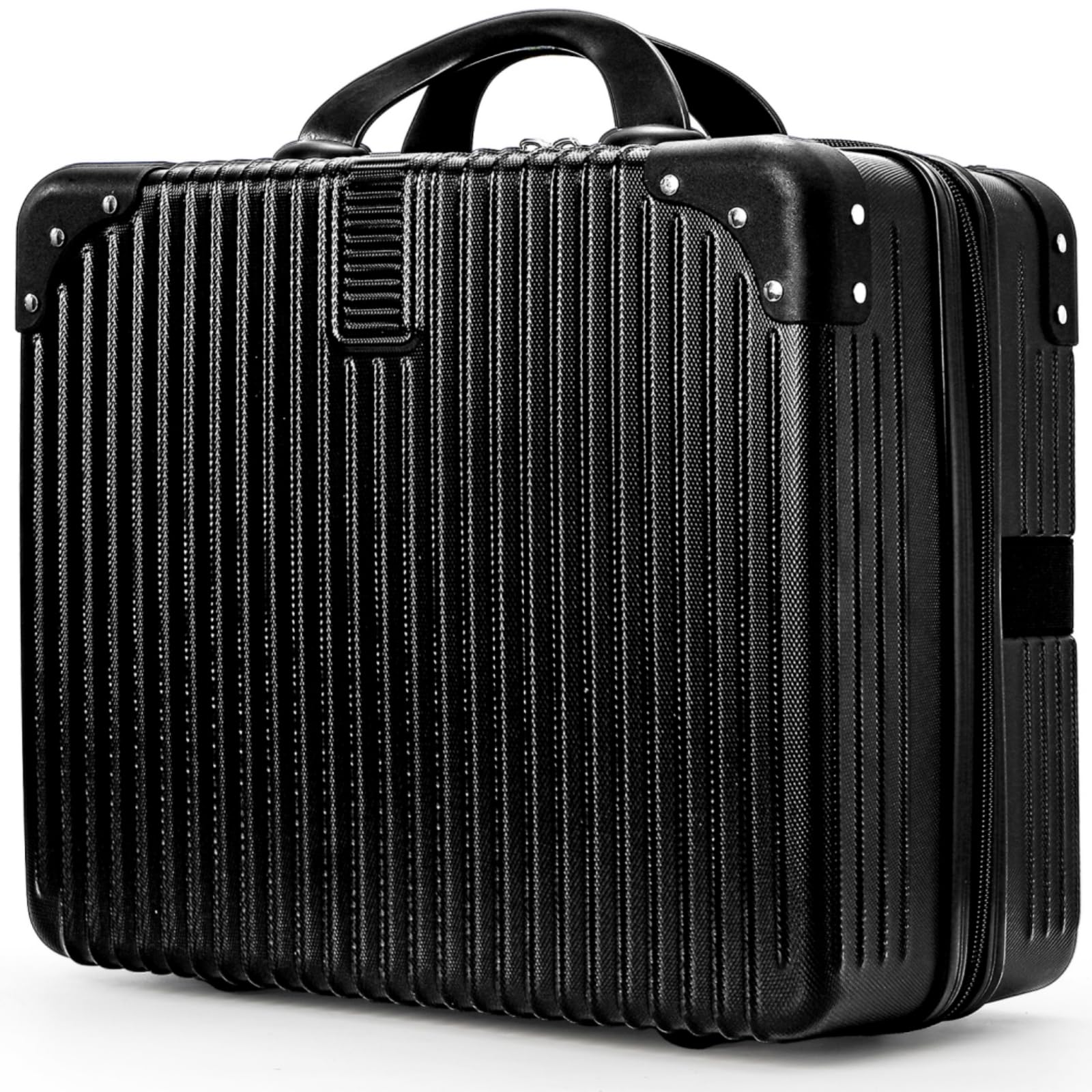Photo 1 of Acshio Hard Shell Cosmetic Travel Case, 17 Inch Small Portable Makeup Train Case with Elastic Band Handle, Pressure-proof ABS Carrying Suitcase Toiletry Box for Travel, Camping, Black