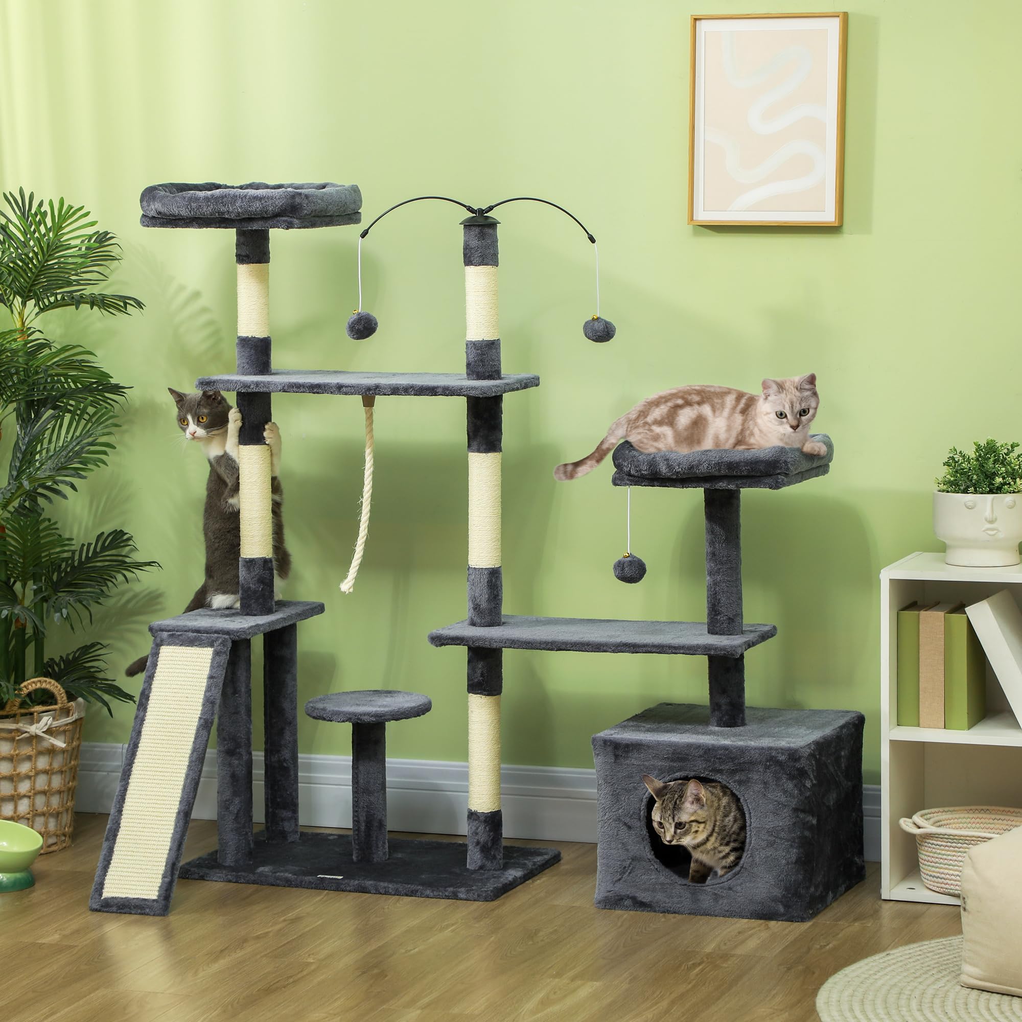 PawHut Árbol Rascador para Gatos 134 cm, Torre para Gatos Gris Oscuro | Rascador con Nidos Cueva, Plataformas, Bolas de Juguete, Postes de Sisal