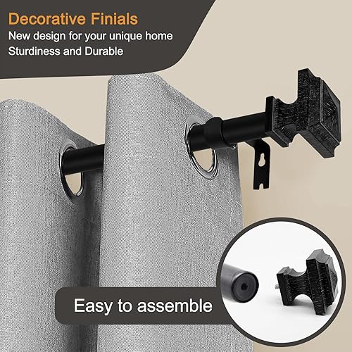 Miniatura 2 de Barra de cortina de 1 pulgada, barra de cortina de ventana individual con tratamiento decorativo de madera, remates cuadrados, grano de madera