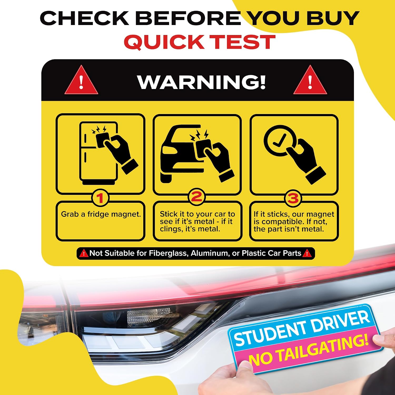 3-Pack HEY-OKEY Student Driver Magnet for Car – Metal Only (Not for Plastic/Aluminum) – Funny Pink Please Be Patient Reflective Magnetic Bumper Sticker – Removable Rookie Safety Signs – 10 x 3.5 in