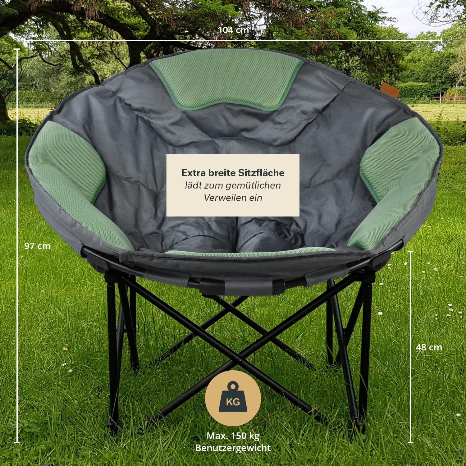Skandika Moonchair XXL | Großer, bequemer Campingstuhl, Camping Sessel rund, Mondsessel, gepolstert, klappbar, Tragegriff und Tragetasche, Anti-Rutsch-Füße, sehr robust | max. 150 kg