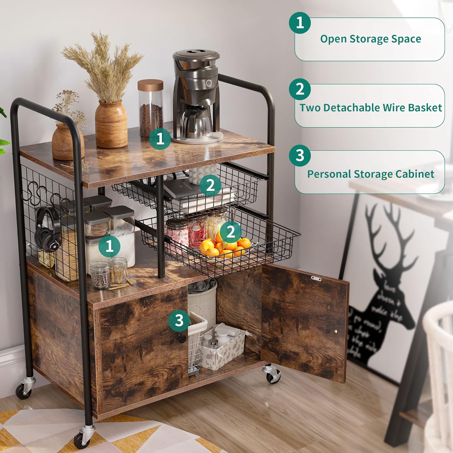 YITAHOME Kitchen Cart with Storage, Industrial Kitchen Carts for Home, Serving Cart with Cabinets and Movable Baskets, Rolling Bar Cart for Dining Room, Rustic Brown : Home & Kitchen