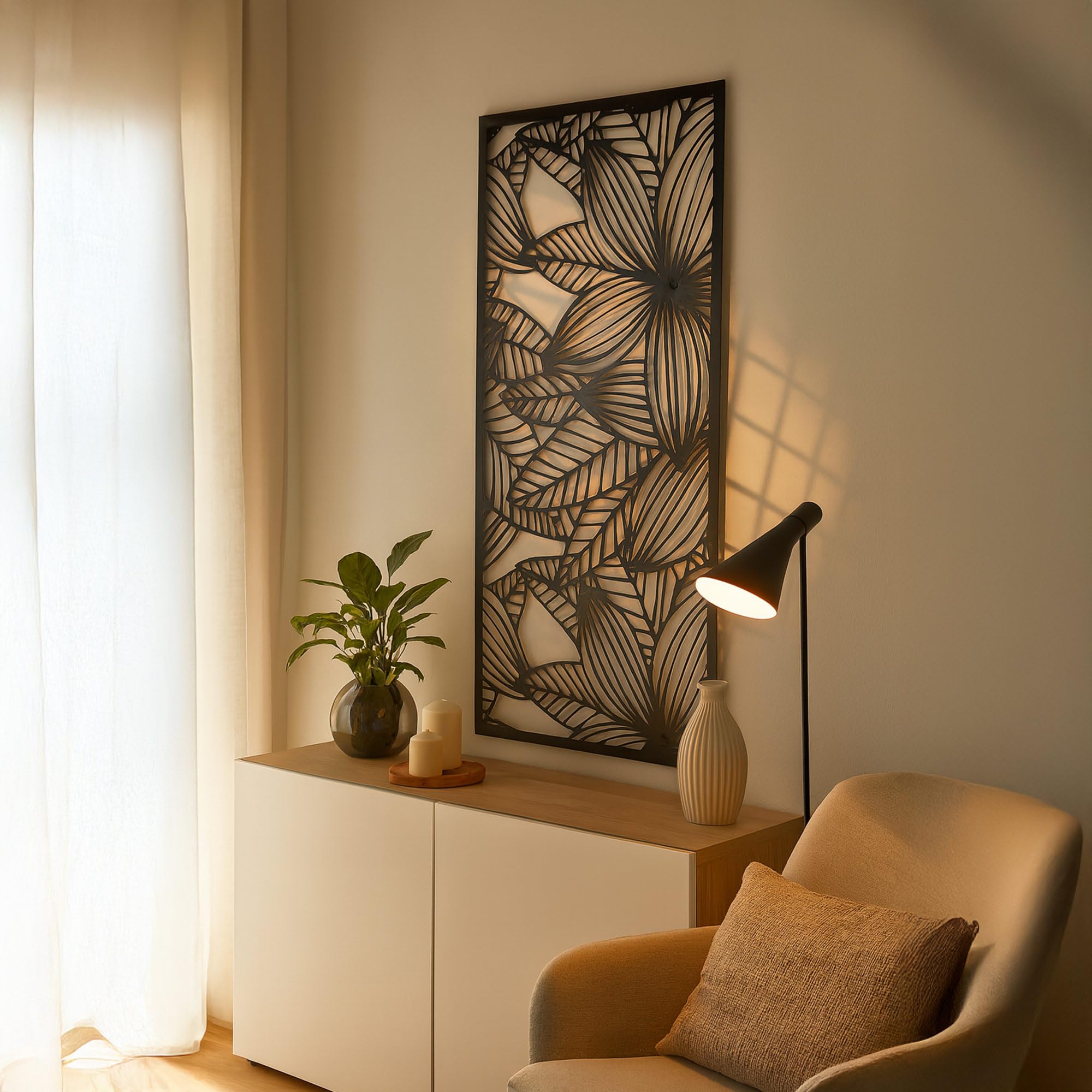 UNUS Tableau en métal Fleurs, 120 x 60 cm Décoration murale pour intérieur et extérieur avec crochets de suspension, design moderne en noir