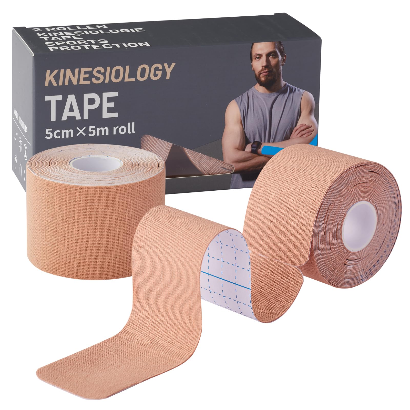 Kinesiology Tape Precut (2 Rolls) - Waterproof, Breathable, Hypoallergenic - Ideal for Muscle Support and Injury Recovery, 2 Inches x 16 Feet, Beige
