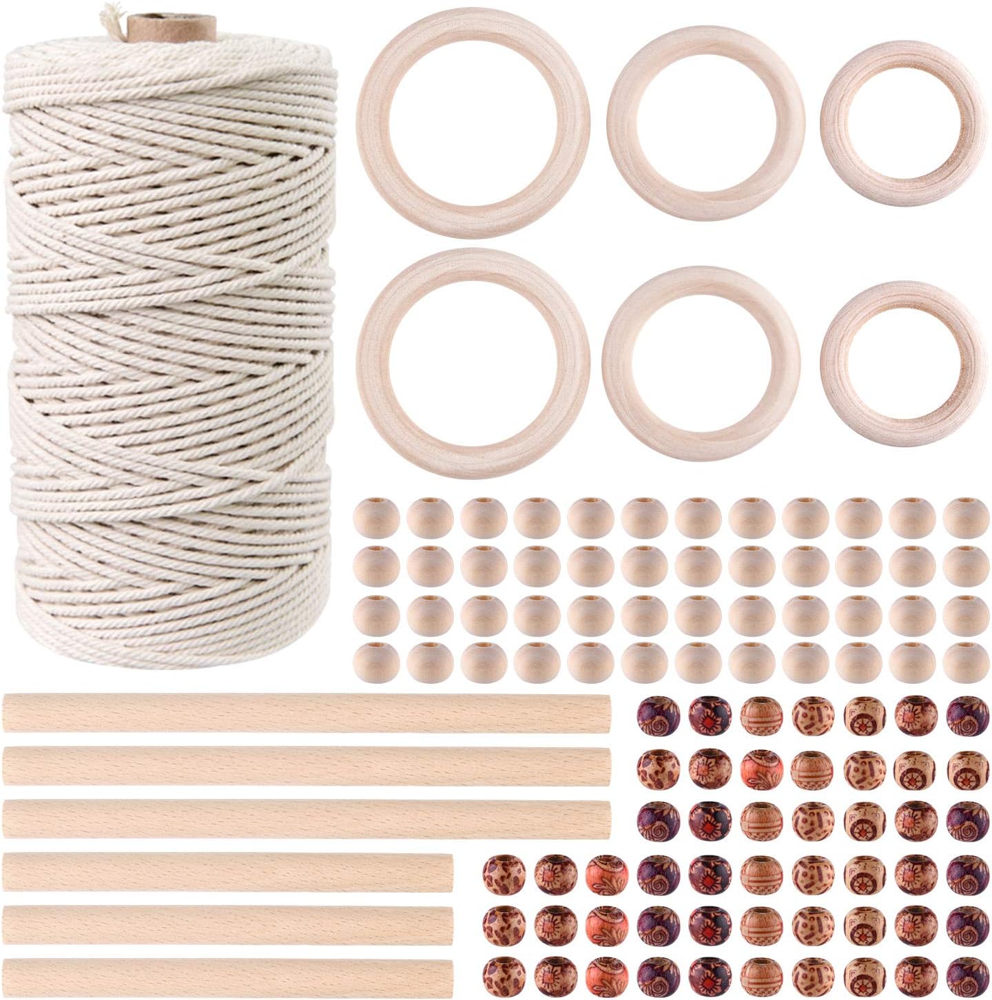 TUPARKA Macrame Rope Kit 109 Yadrs 3mm Macrame Cord with 100 Pcs Wood Beads(2 Different Designs) 6pcs Wood Ring and 6pcs Wooden Stick for Crafts,DIY Plant Hangers