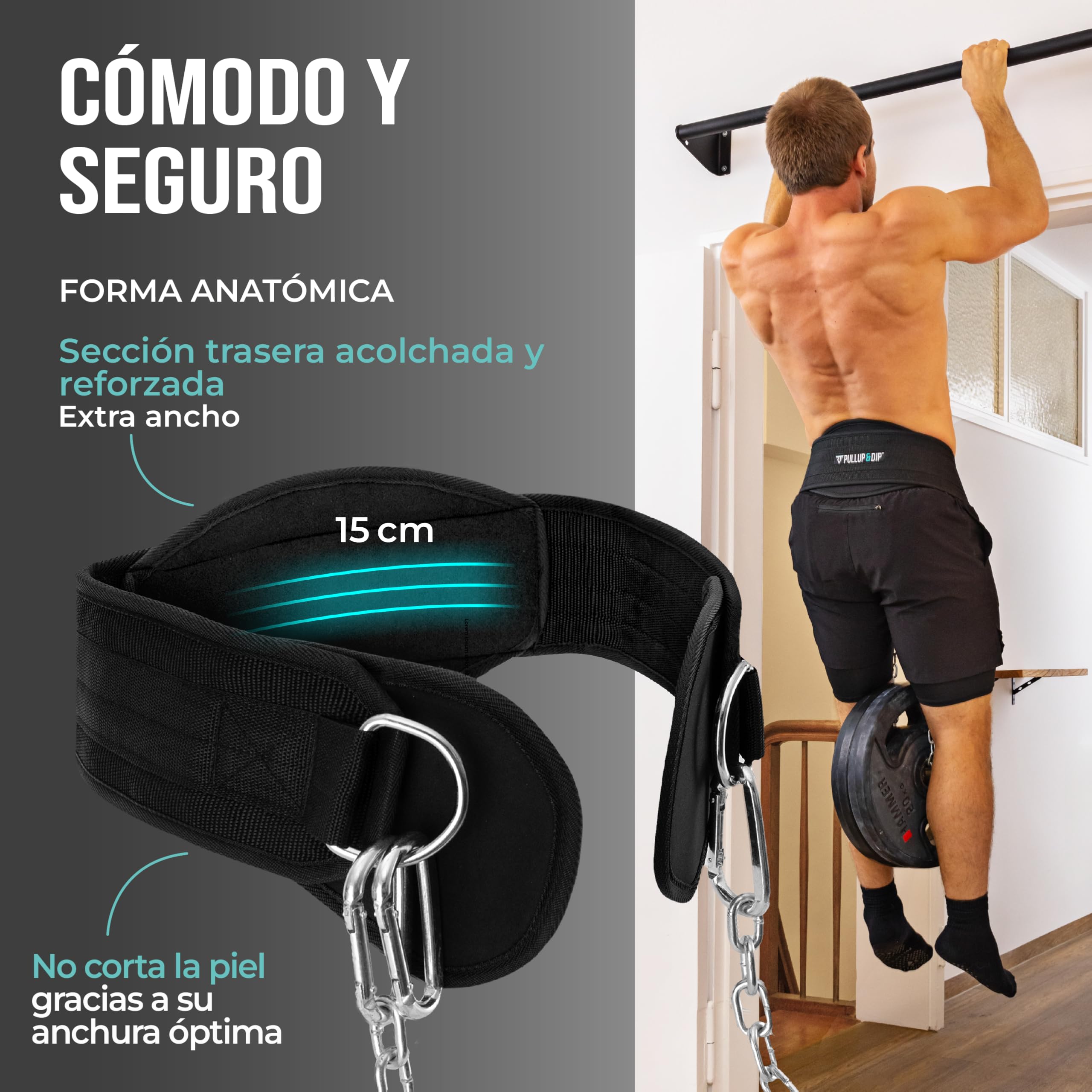 PULLUP & DIP Cinturón con Cadena y 3 Mosquetones, Dip Belt con Solapas de Neopreno como Protección de la Ropa, Cinturón de Inmersión con Pesas, Cinturón de Halterofilia para Calistenia, Musculación