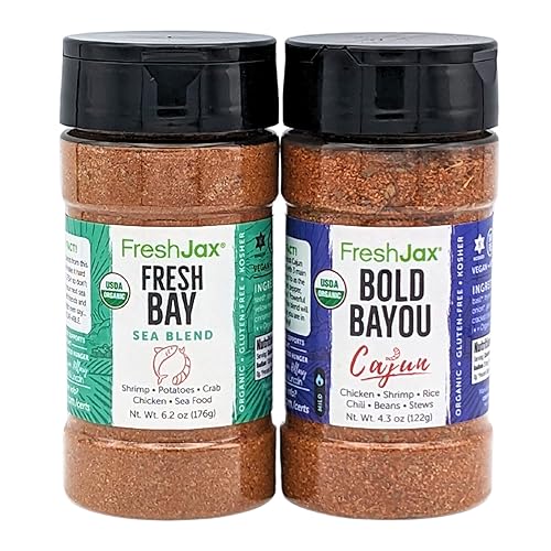FreshJax Especias orgánicas Paquete de condimentos para mariscos Fresh Bay y Bold Bayou 2 botellas grandes de mezclas de condimentos