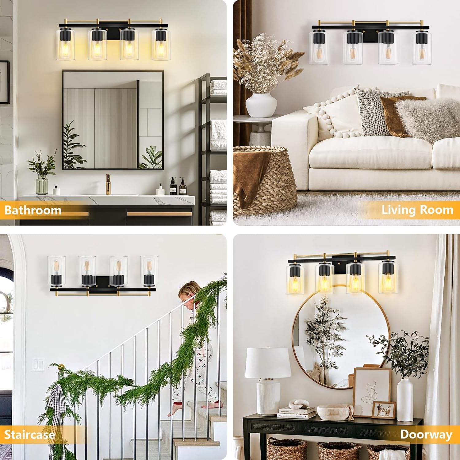 LETRY Bathroom Lighting Fixtures Over Mirror: 4-Light Bathroom Vanity Light with Clear Glass Shade, Wall Lamp for Mirror