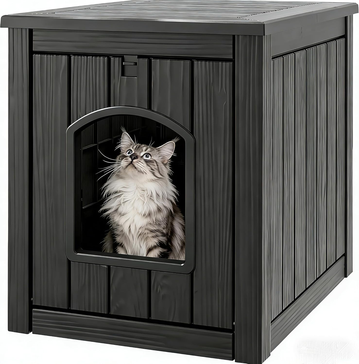 WTFGO Cat Litter Box Enclosure, Plastic Outdoor Cat House Weatherproof, Multi-Functional Hidden Litter Box Furniture for Living Room, Backyard, Patio, Black