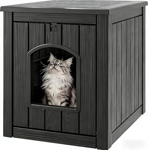 Cat Litter Box Enclosure, Plastic Outdoor Cat House Weatherproof, Multi-Functional Hidden Litter Box Furniture for Living Room, Backyard, Patio, Black