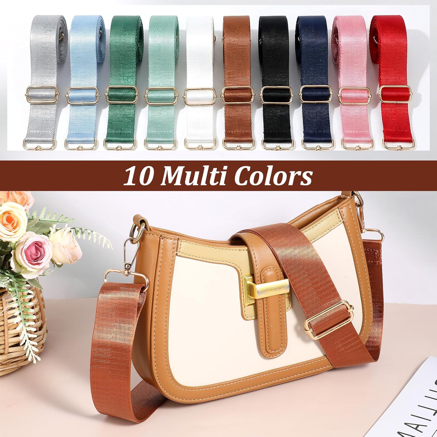 10 Pack Wide Purse Strap Replacement – Adjustable Crossbody & Shoulder Bag Straps in 10 Colors – Universal Clip-On Nylon Strap Set